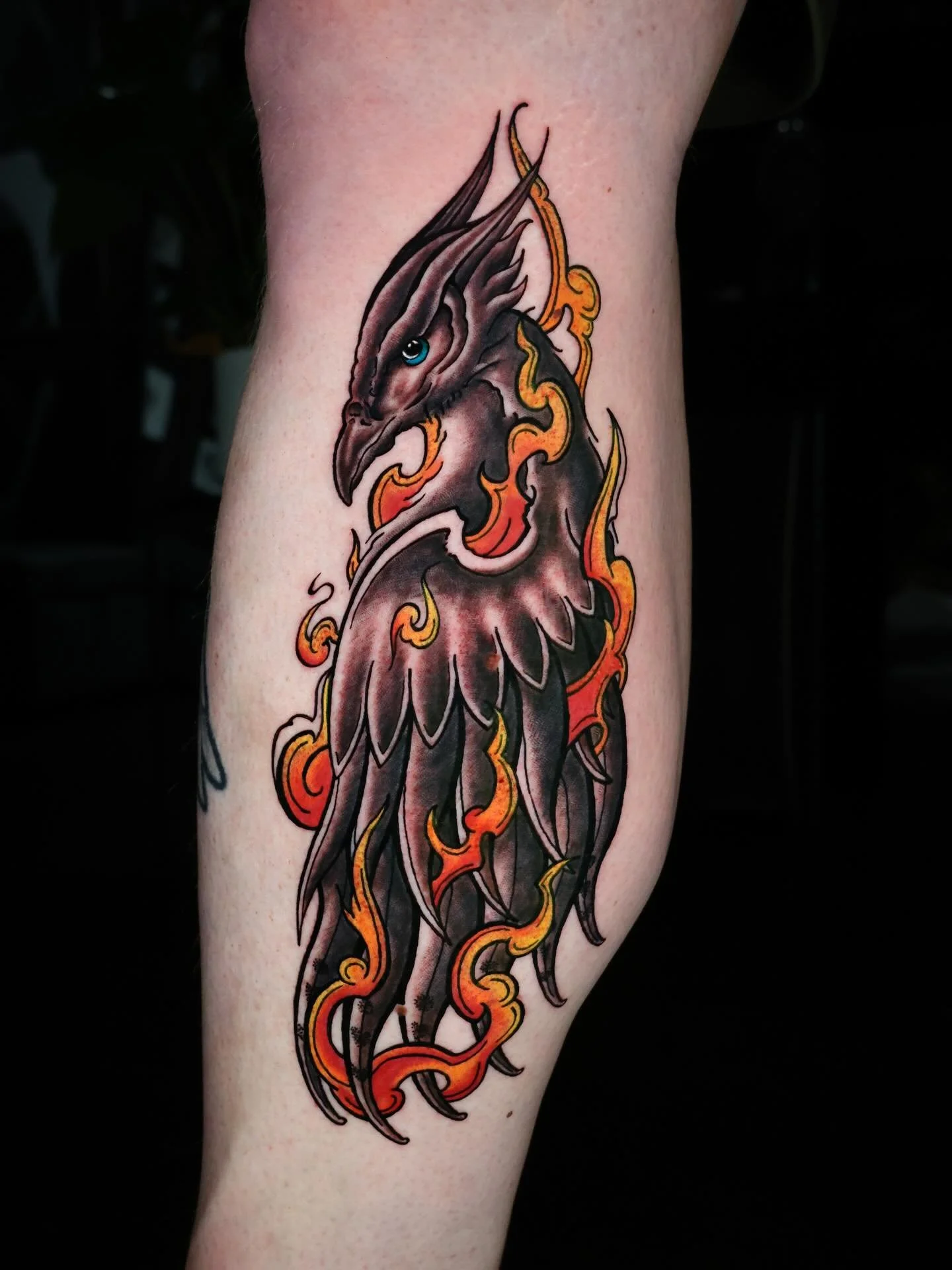 Sculpted In Shadow &amp; Flame - Phoenix for Terry 🐦&zwj;🔥 

Thank you for the trust mate, such a pleasure to get this one done for you. Bold lines, vibrant flames &amp; a unique piece built to feel alive.

So grateful to working on projects like t