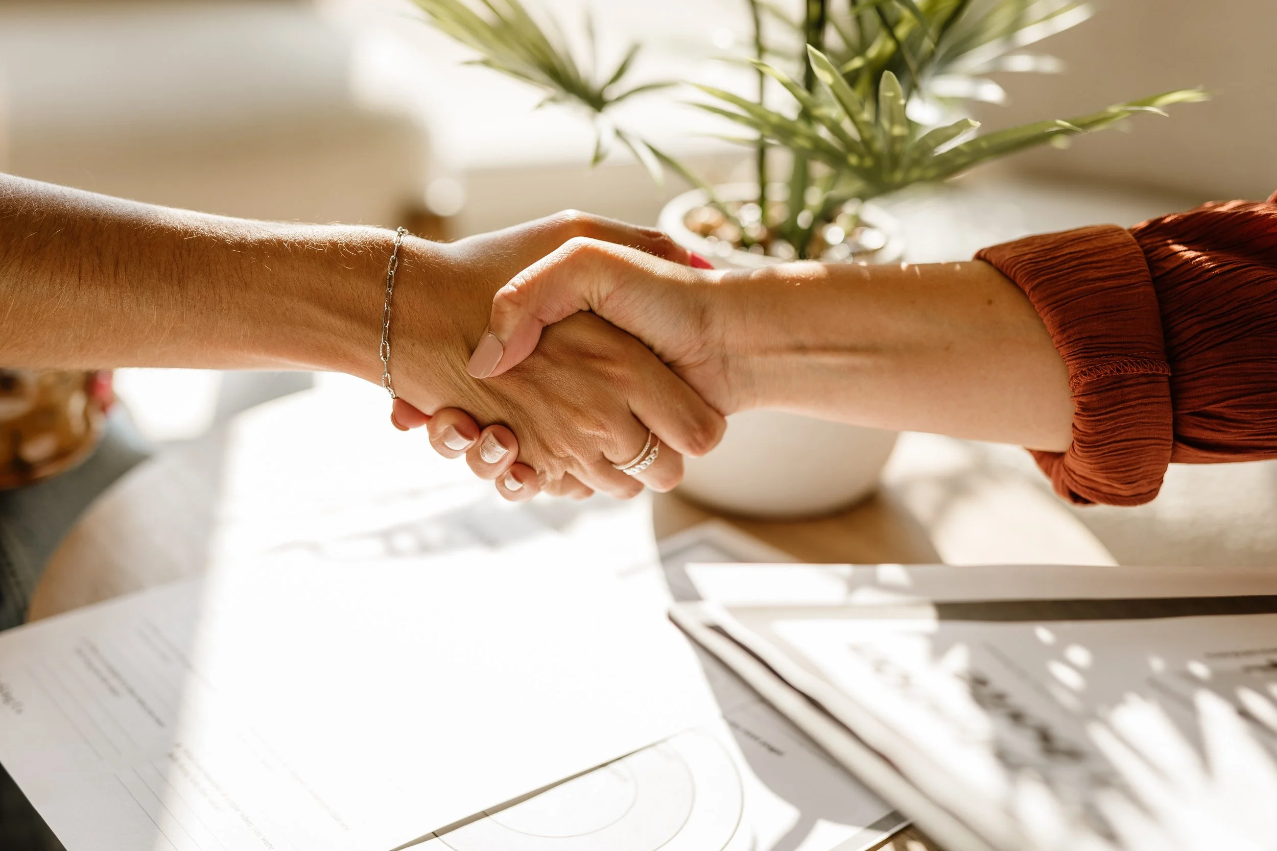 Two people shaking hands over a table with papers and a potted plant in the background.