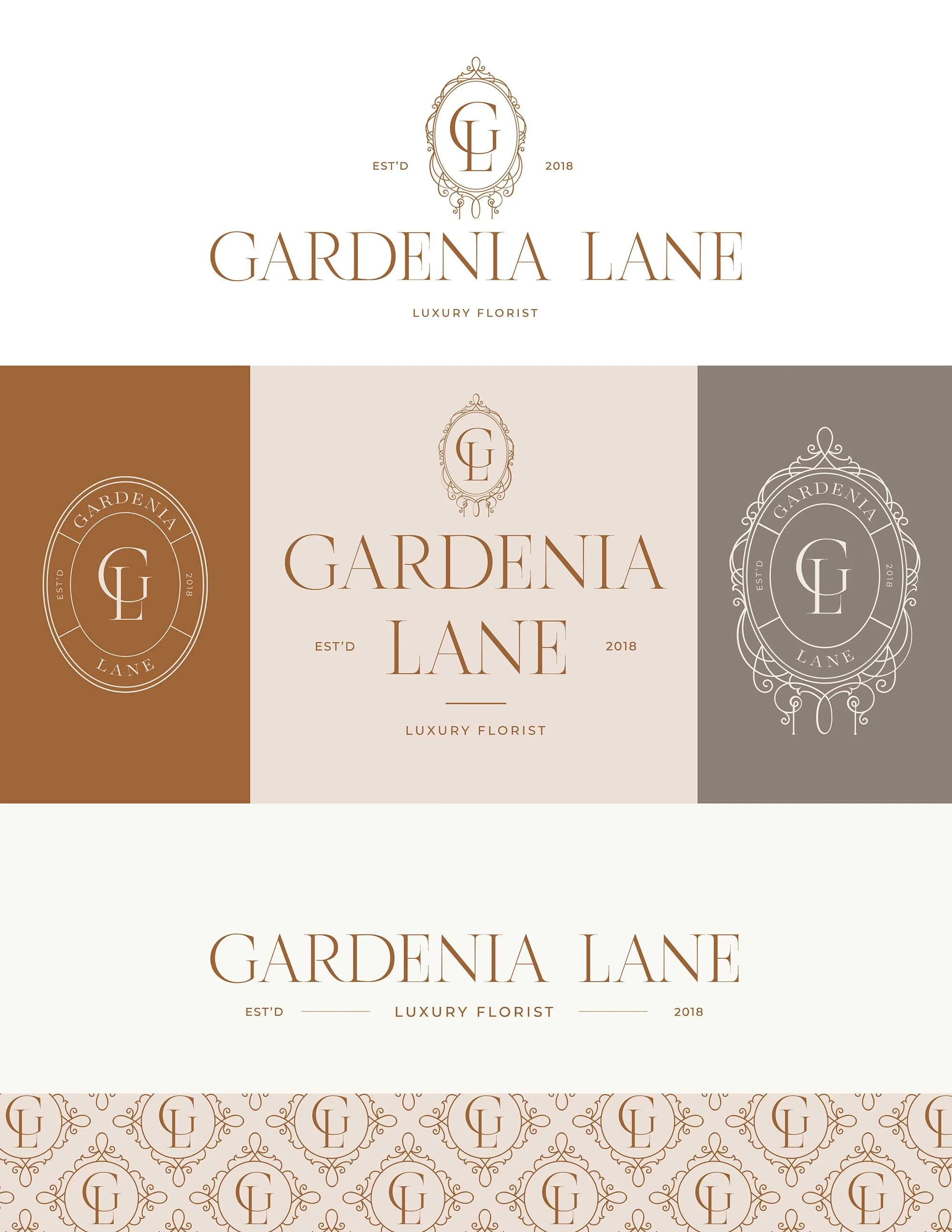 Collection of logo designs and branding for Gardenia Lane, a luxury florist, featuring elegant ornate emblems, the initials G and L, and the text 'Gardenia Lane' with established date 2018.
