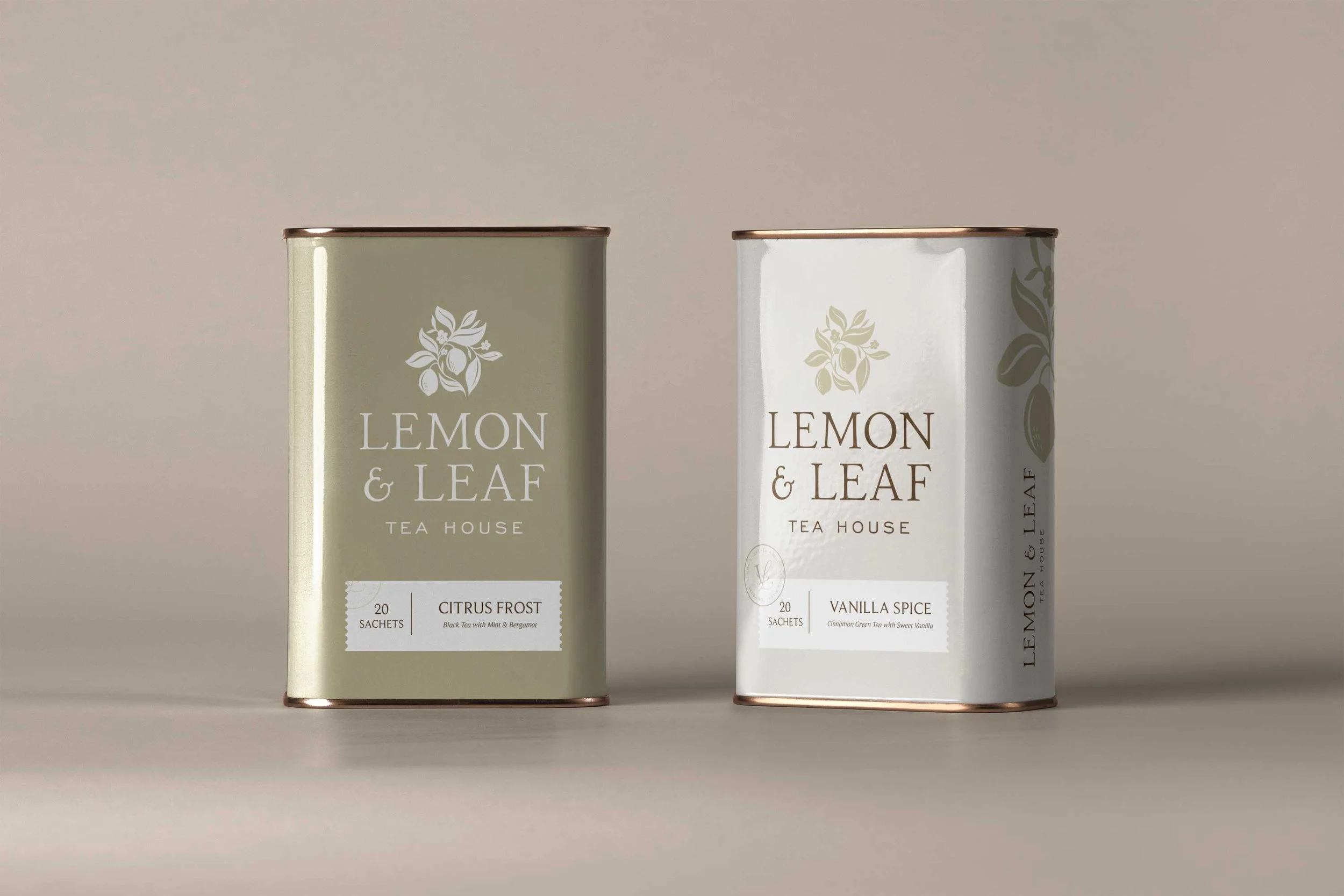 Logo for Lemon & Leaf Tea House with a lemon and leaf illustration in beige tones.