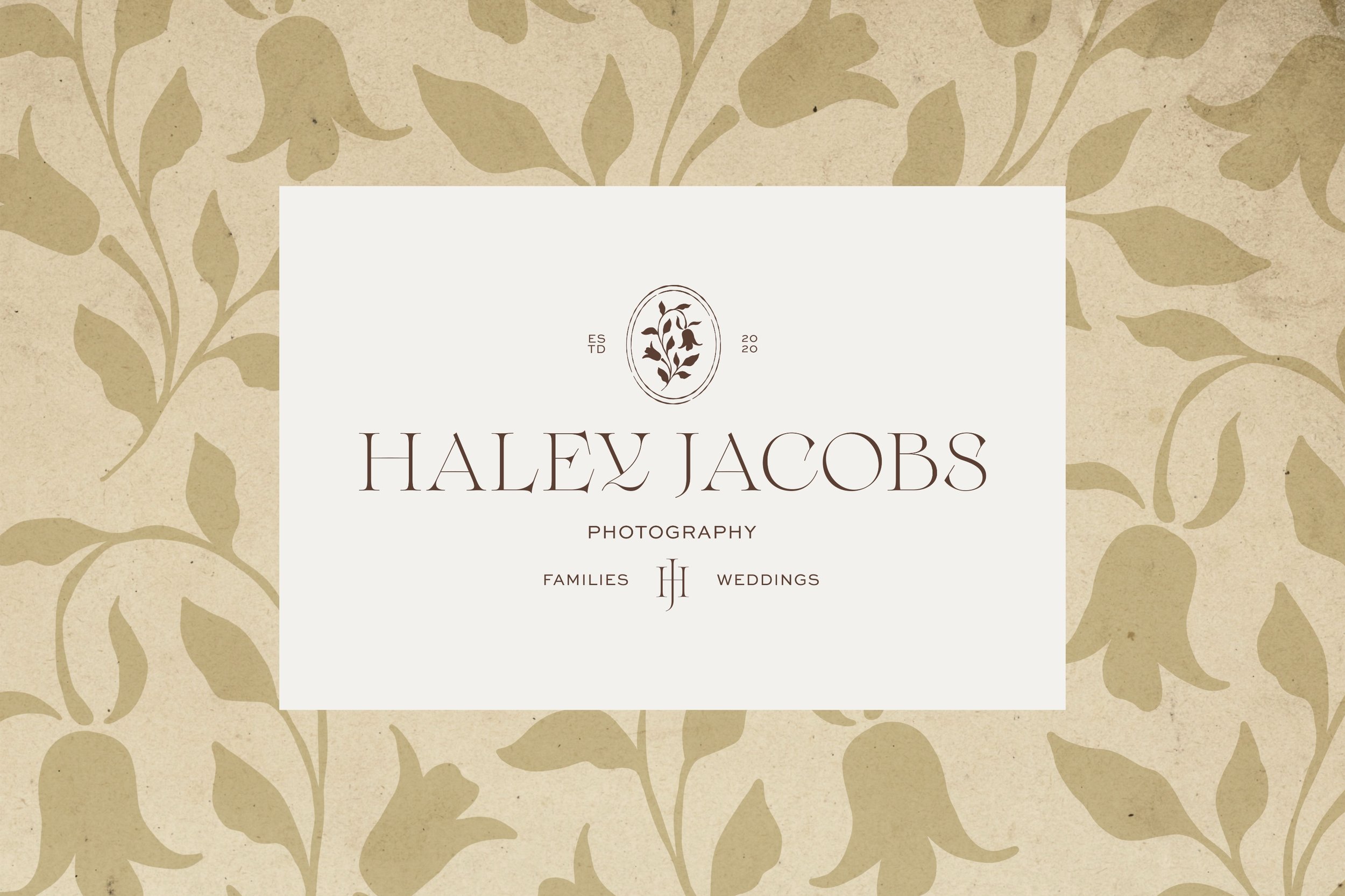 A logo and text for Haley Jacobs Photography, featuring a decorative floral emblem at the top, with the name 'Haley Jacobs' below it, and words 'Photography', 'Families', and 'Weddings' underneath, set against a beige, floral-patterned background.
