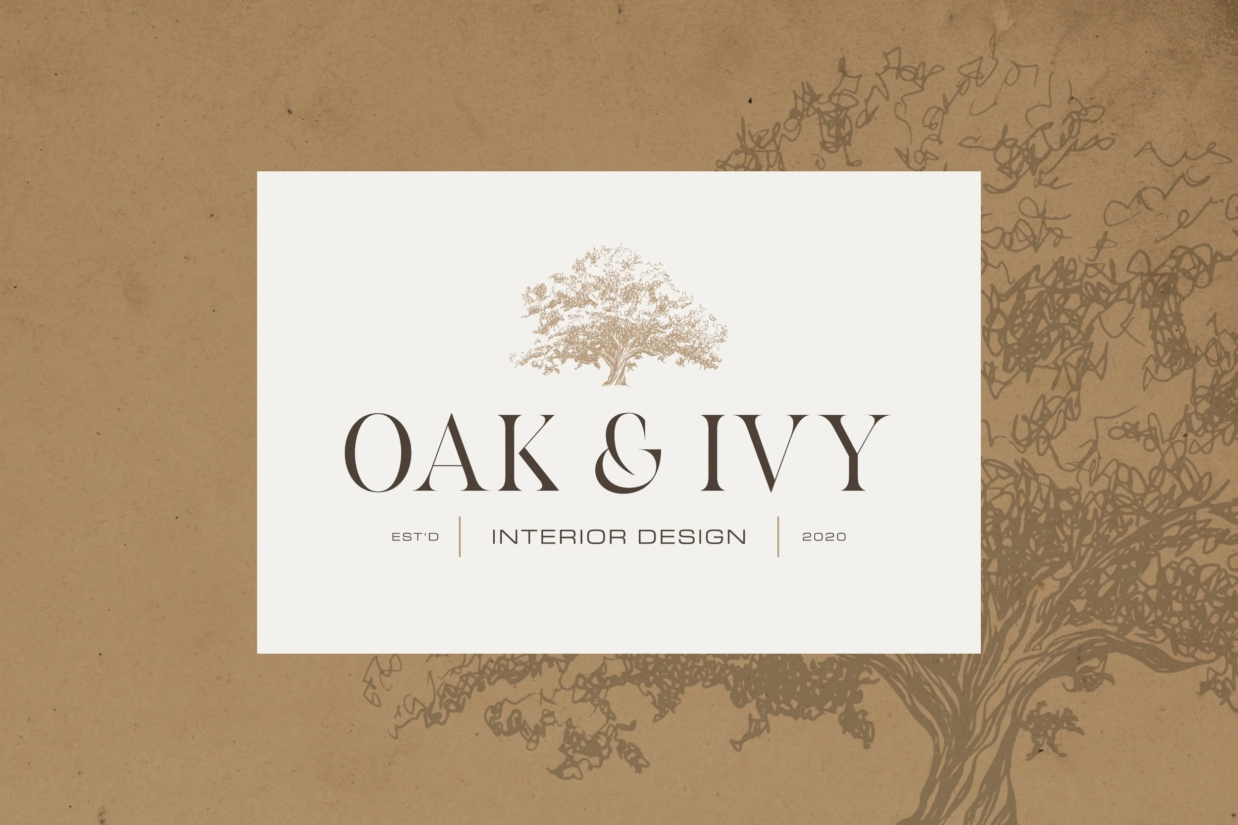 Interior design company logo with a large oak tree illustration, the text "OAK & IVY," "EST’D," "INTERIOR DESIGN," and "2020," set against a textured beige background with darker oak tree sketches.