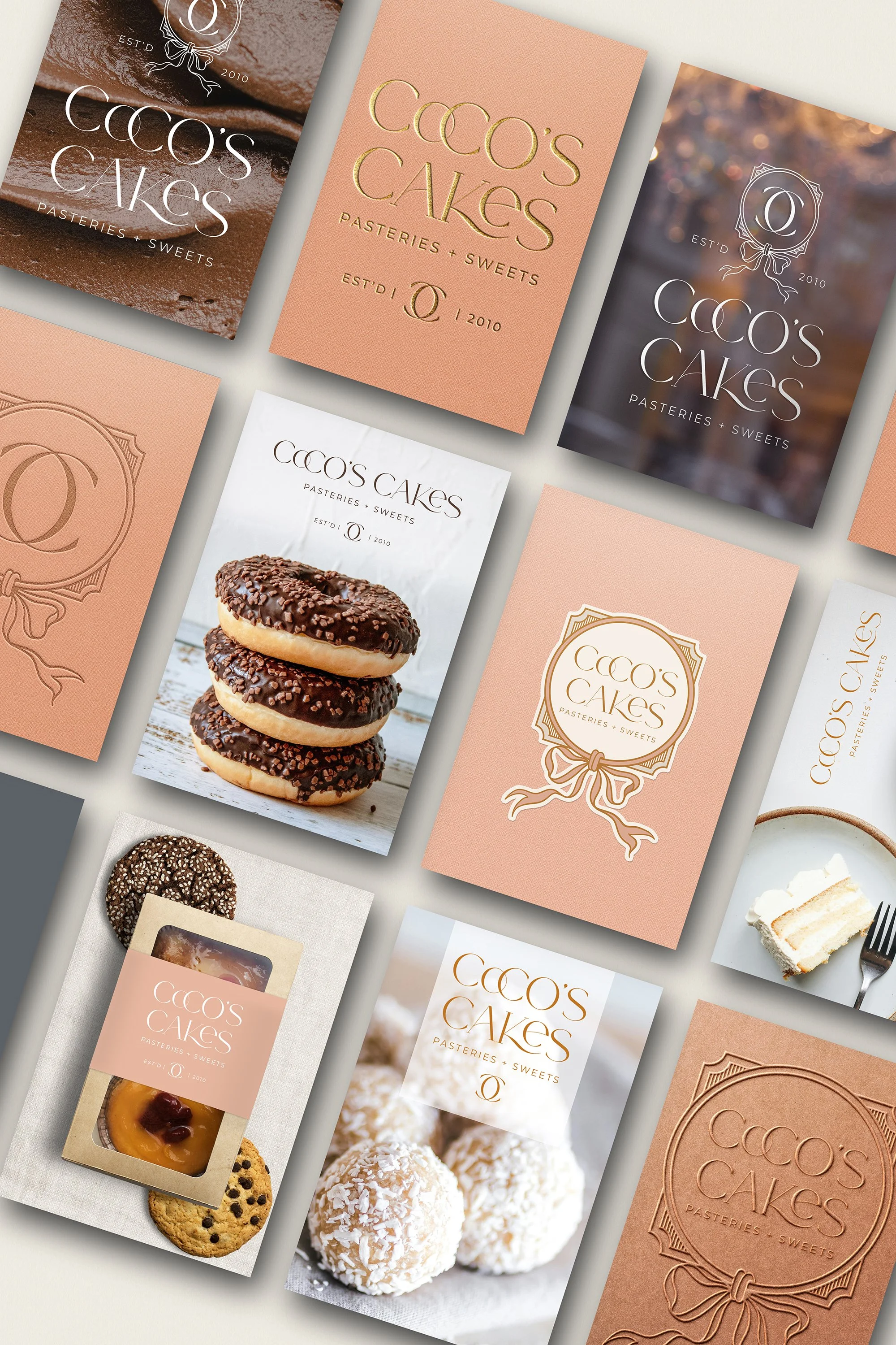 A collection of various bakery product menus and packaging for Coco's Cakes, featuring images of cookies, donuts, and cake slices, with branding and design elements in soft pink, white, and brown tones.