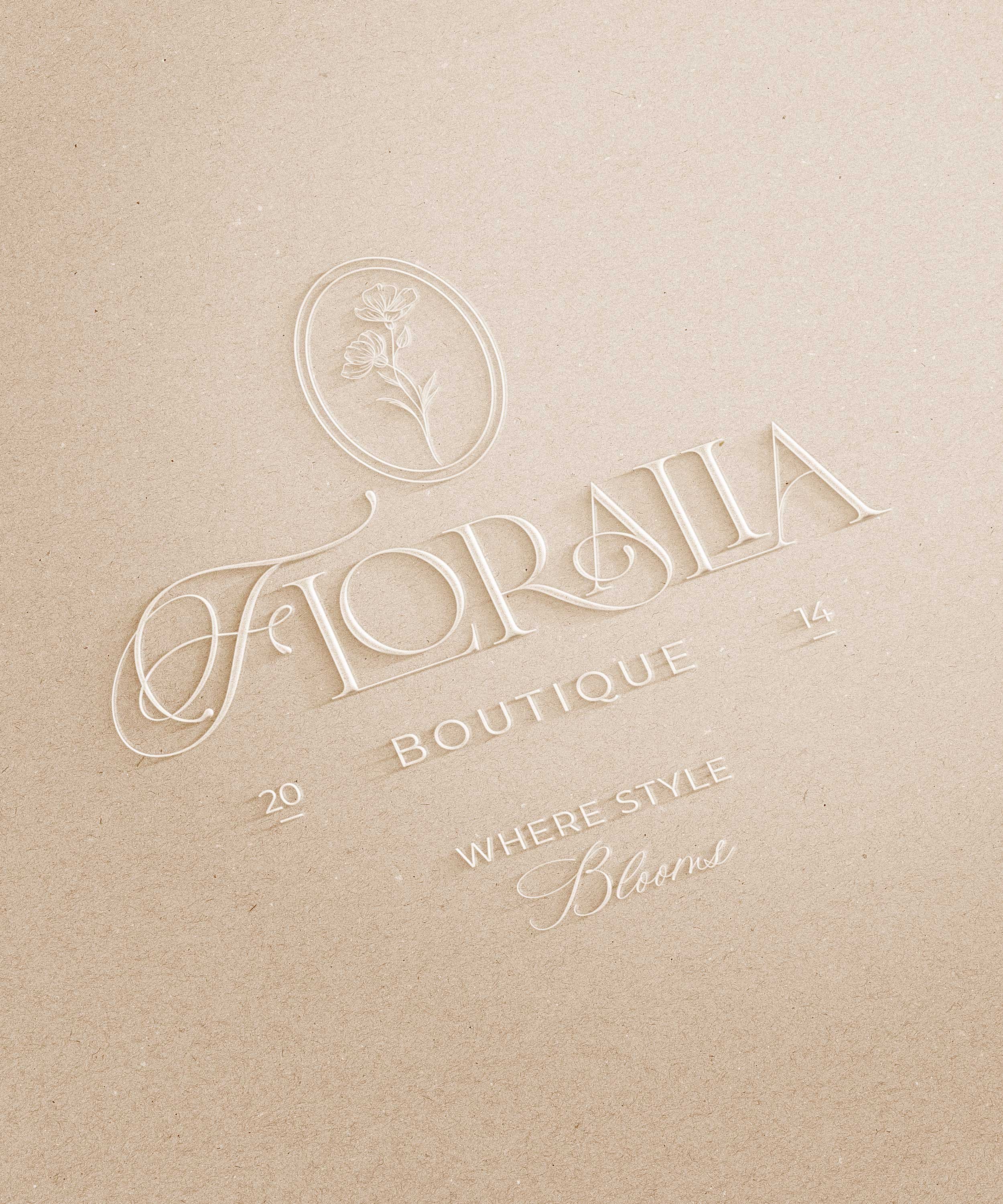 Elegant boutique logo on beige background with floral design, featuring the words 'Foria', 'Boutique', and the slogan 'Where Style Blooms'.