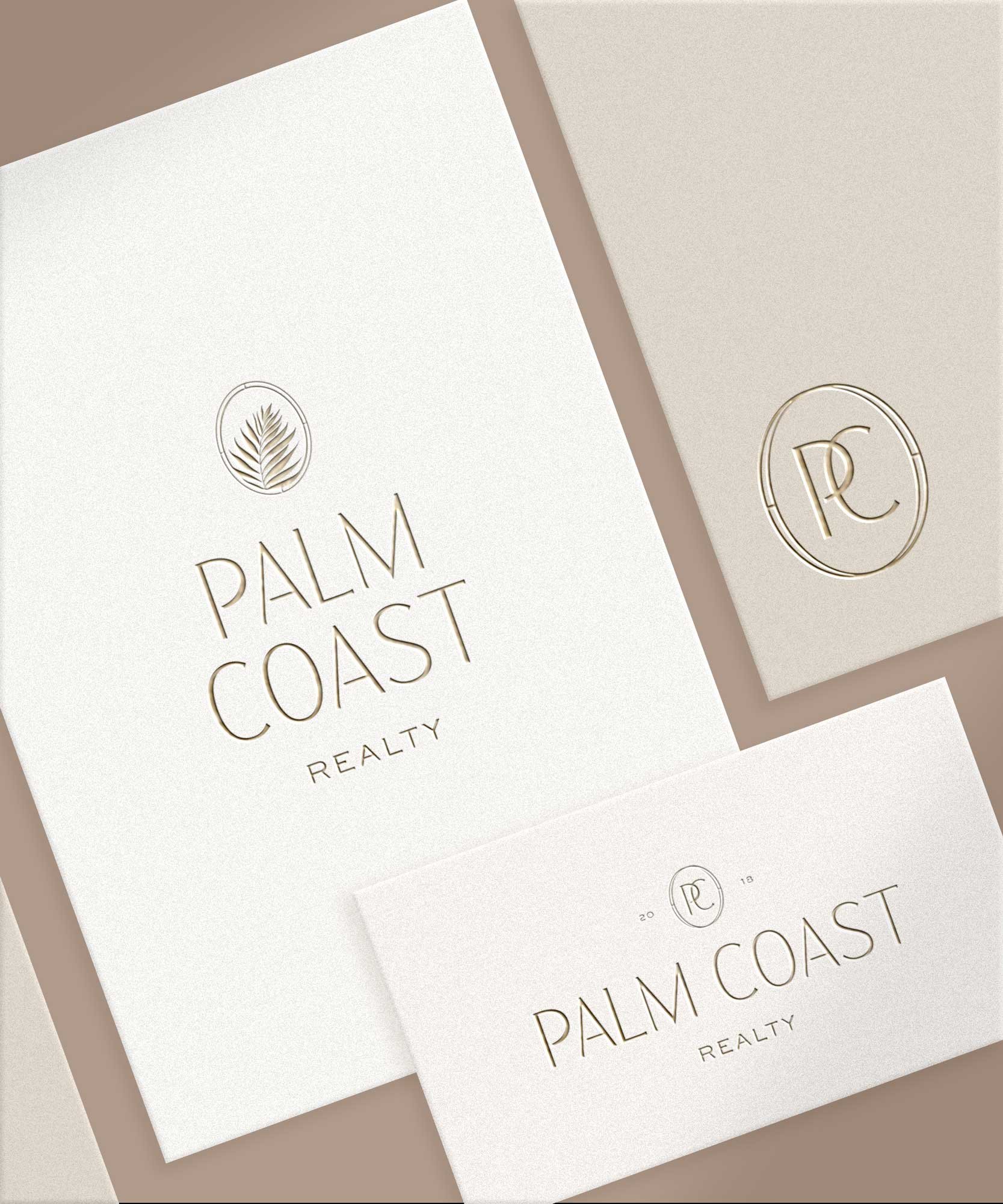 Business branding materials for Palm Coast Realty, featuring a logo with a palm leaf and elegant text on white and beige backgrounds.