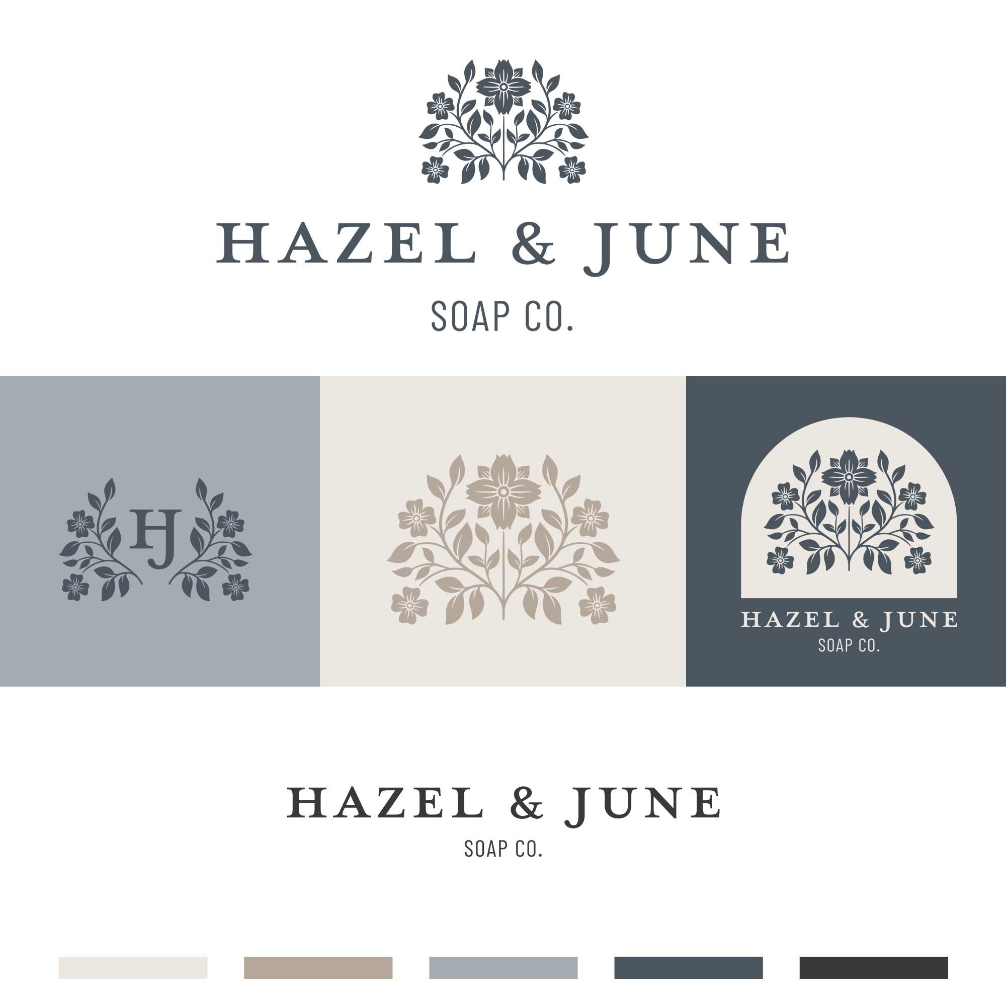 Collection of four brand logos for Hazel & June Soap Co., featuring floral and monogram designs in neutral and dark color schemes.