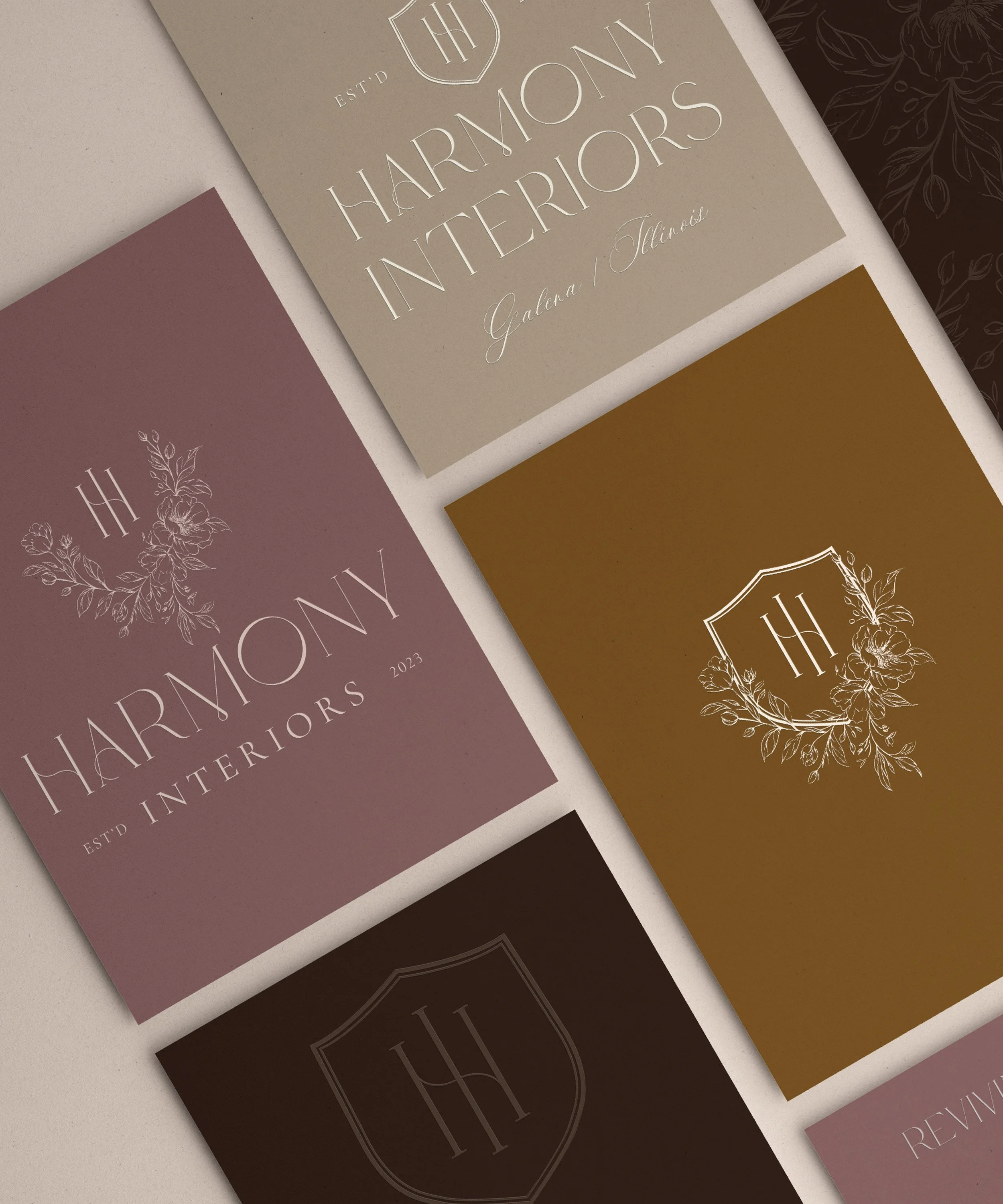 Romantic vintage inspired logo design featuring a floral crest