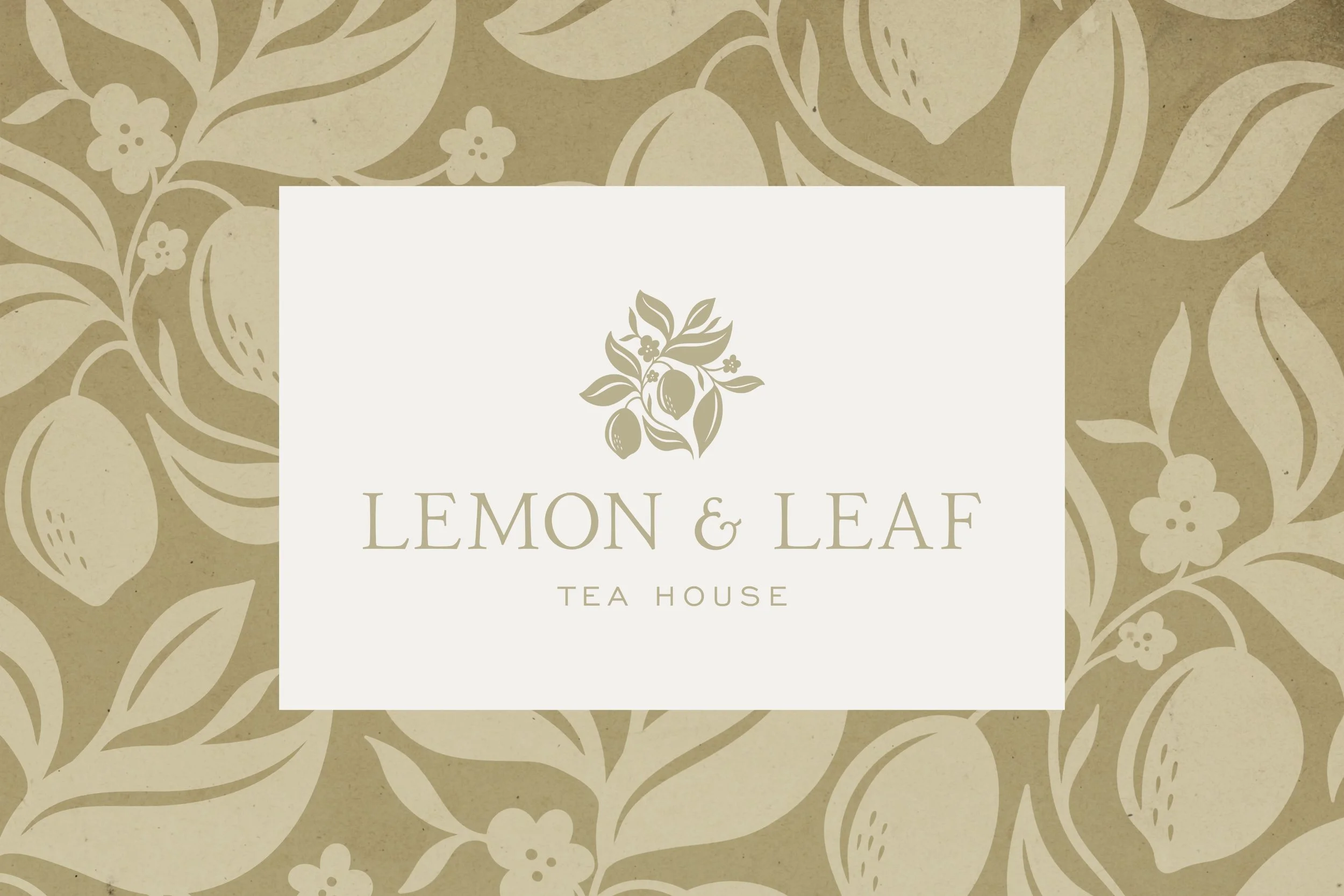 A beige and off-white patterned background featuring lemon and leaf illustrations, with a central white rectangle displaying the text "Lemon & Leaf Tea House" and a lemon branch logo.