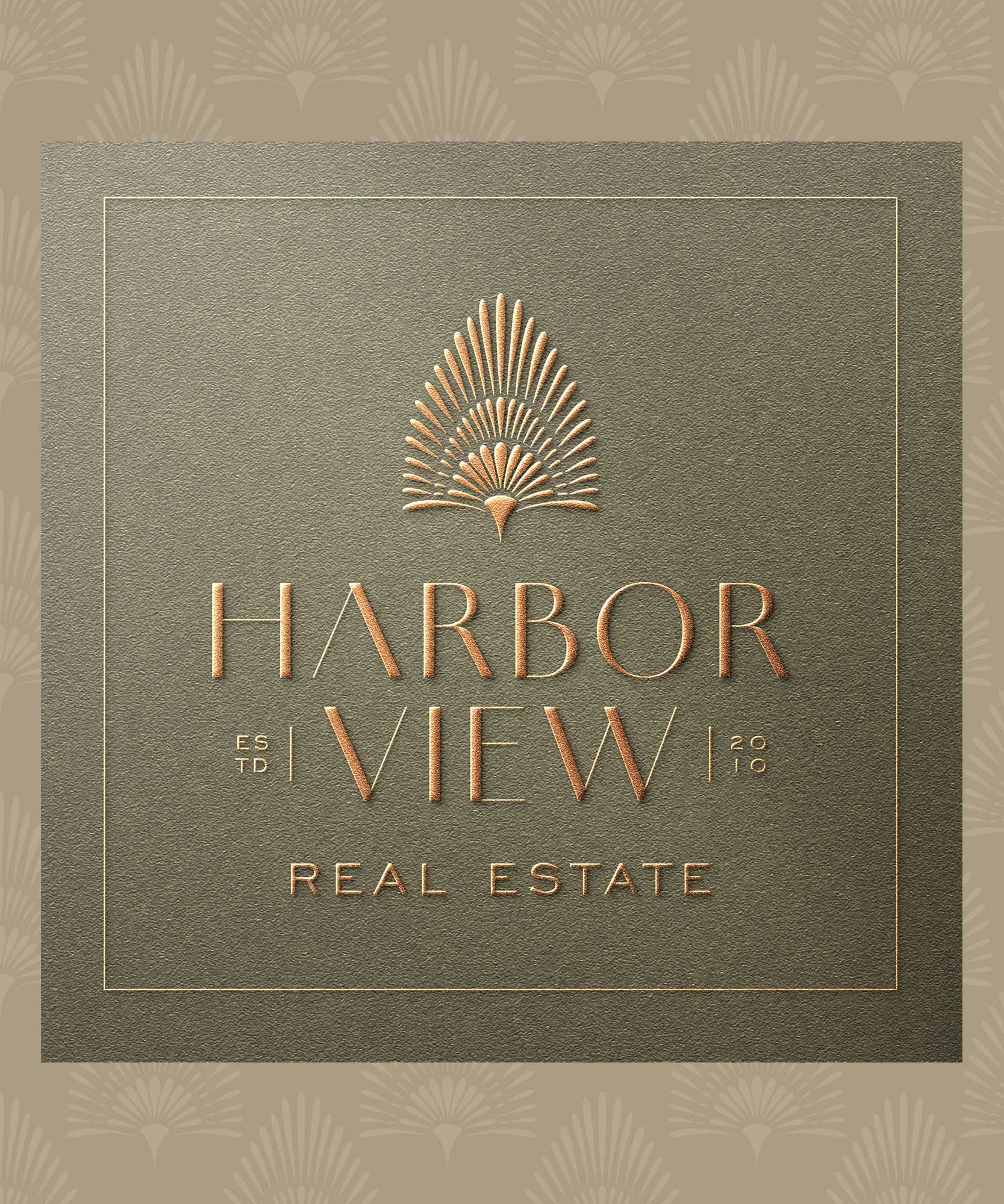 Logo for Harbor View Real Estate with gold text and a stylized palm tree design on a textured gray background.