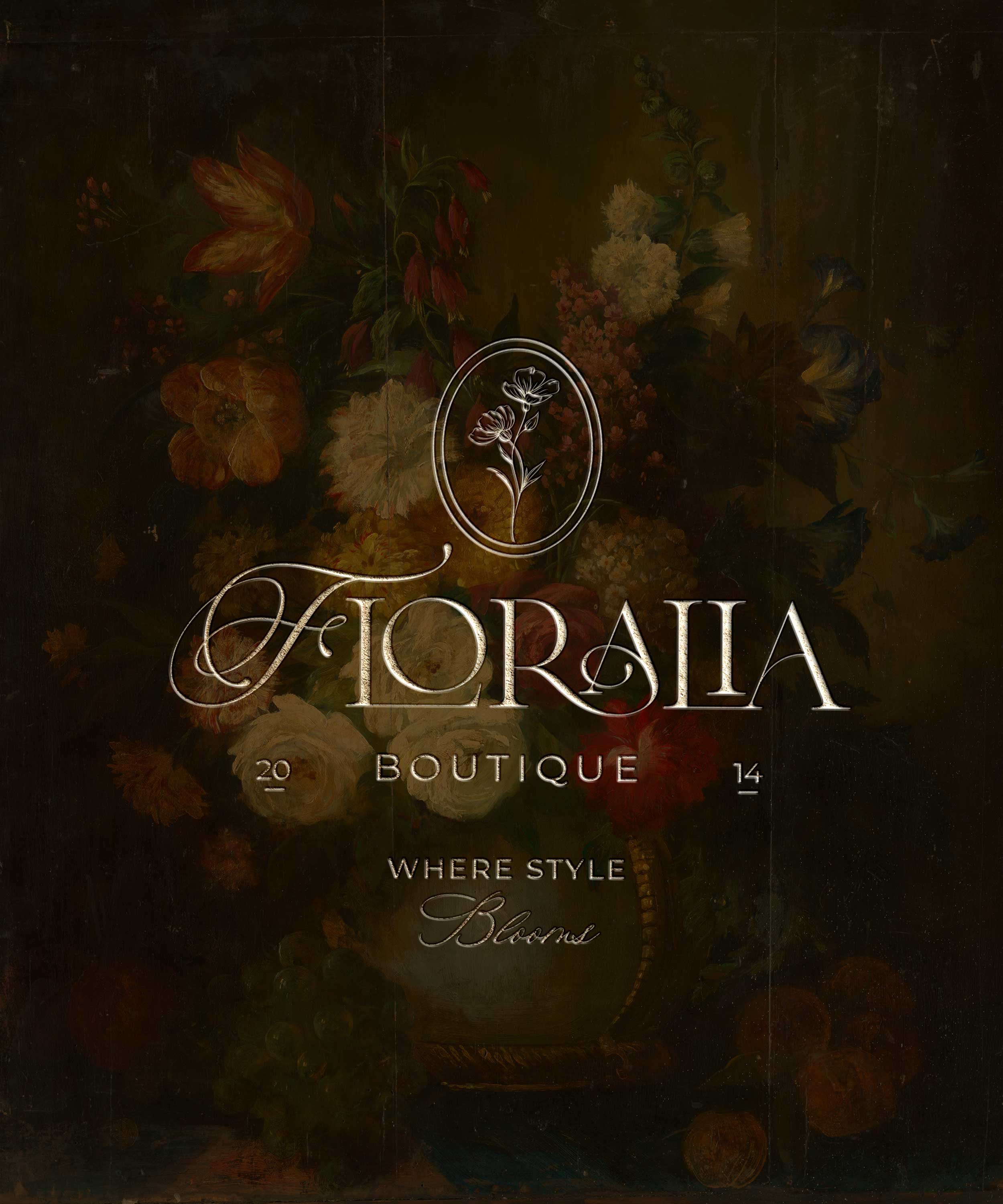 Elegant flower boutique logo with the name 'Floralia' and floral illustration, dated 2014, featuring a dark background with a floral arrangement.