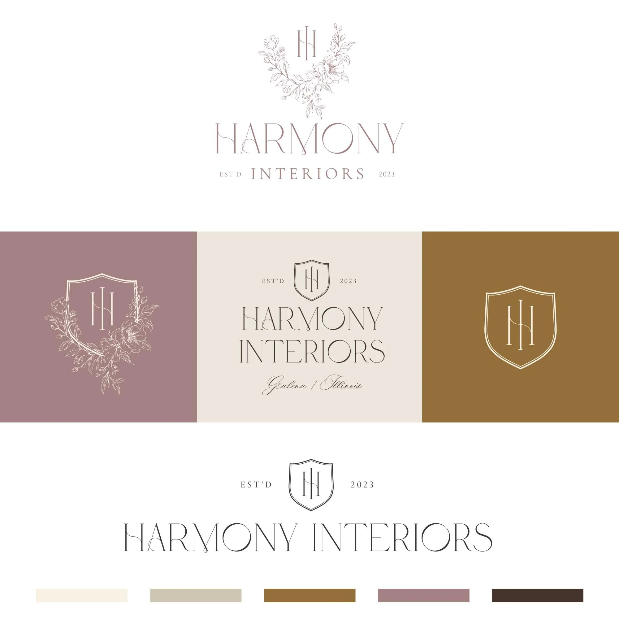 Delicate and feminine vintage inspired floral logo design and monogram