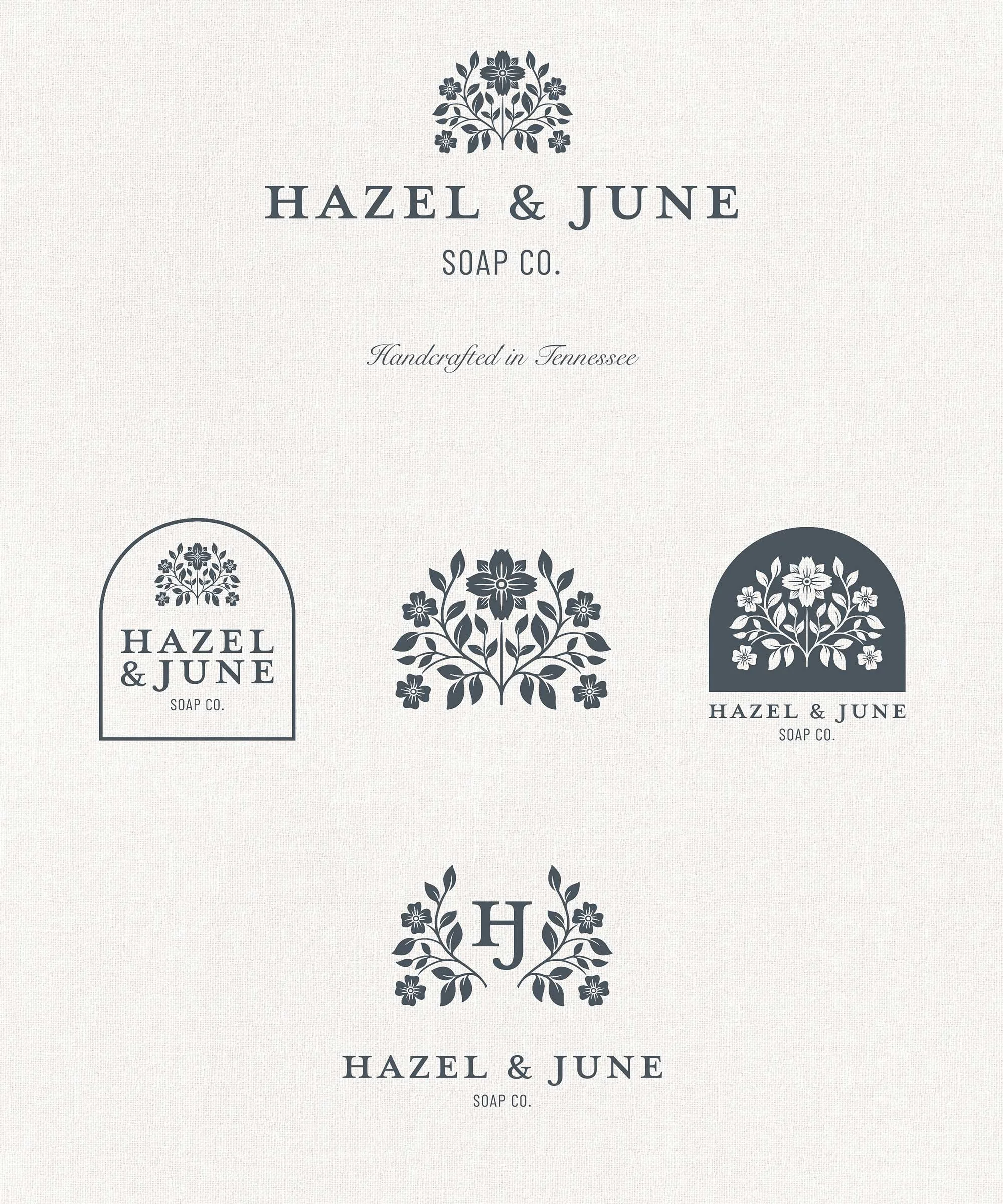 Collection of four Hazel & June Soap Co. logo designs, featuring floral motifs and text, with a light textured background.