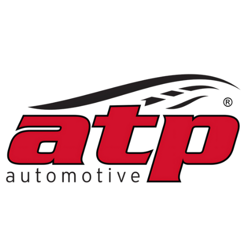 Logo of 'atp automotive' with stylized black car silhouette above red and black text.