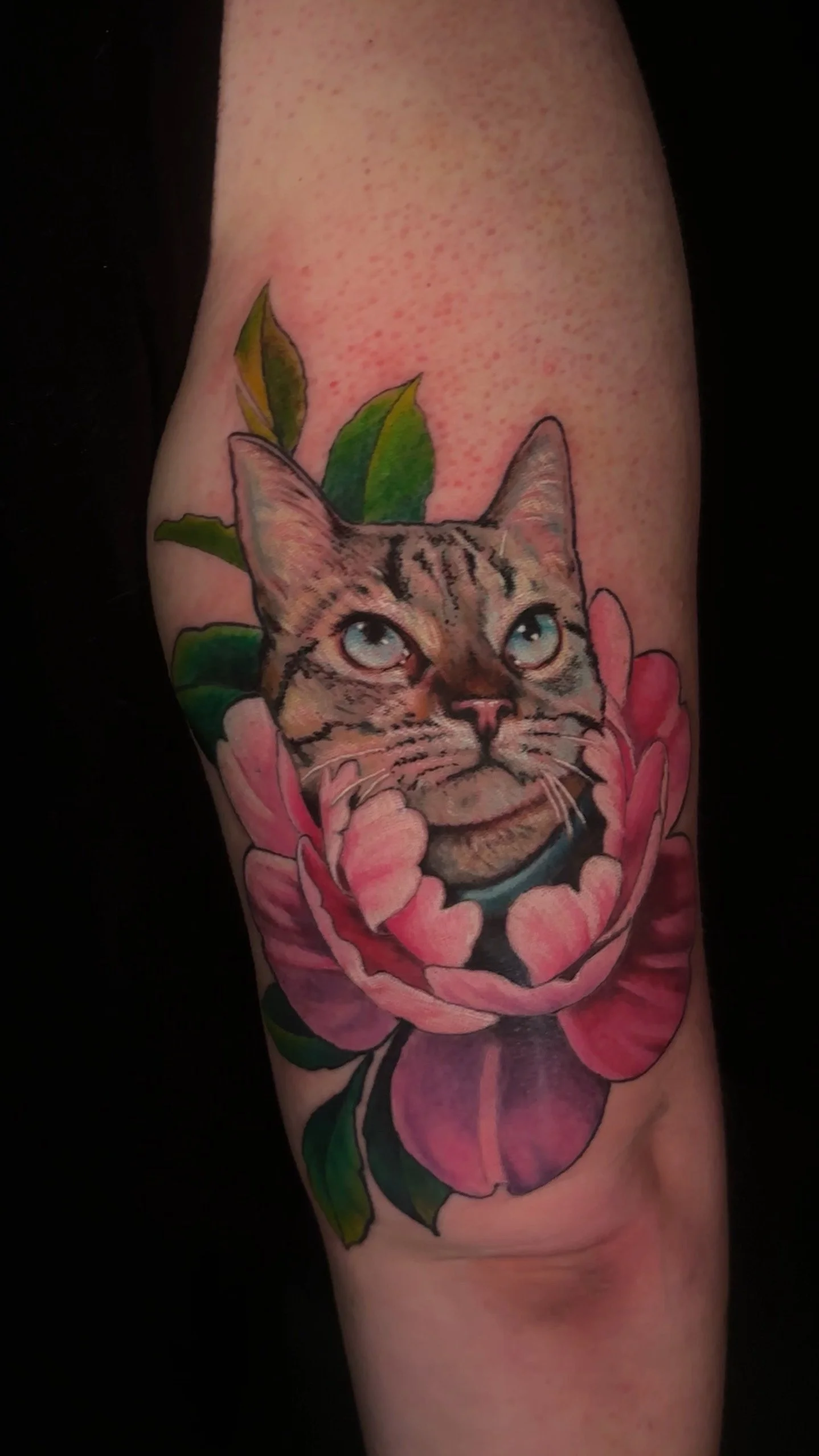 Cat Portrait, Color Realism Pet Portrait with Flowers Tattoo