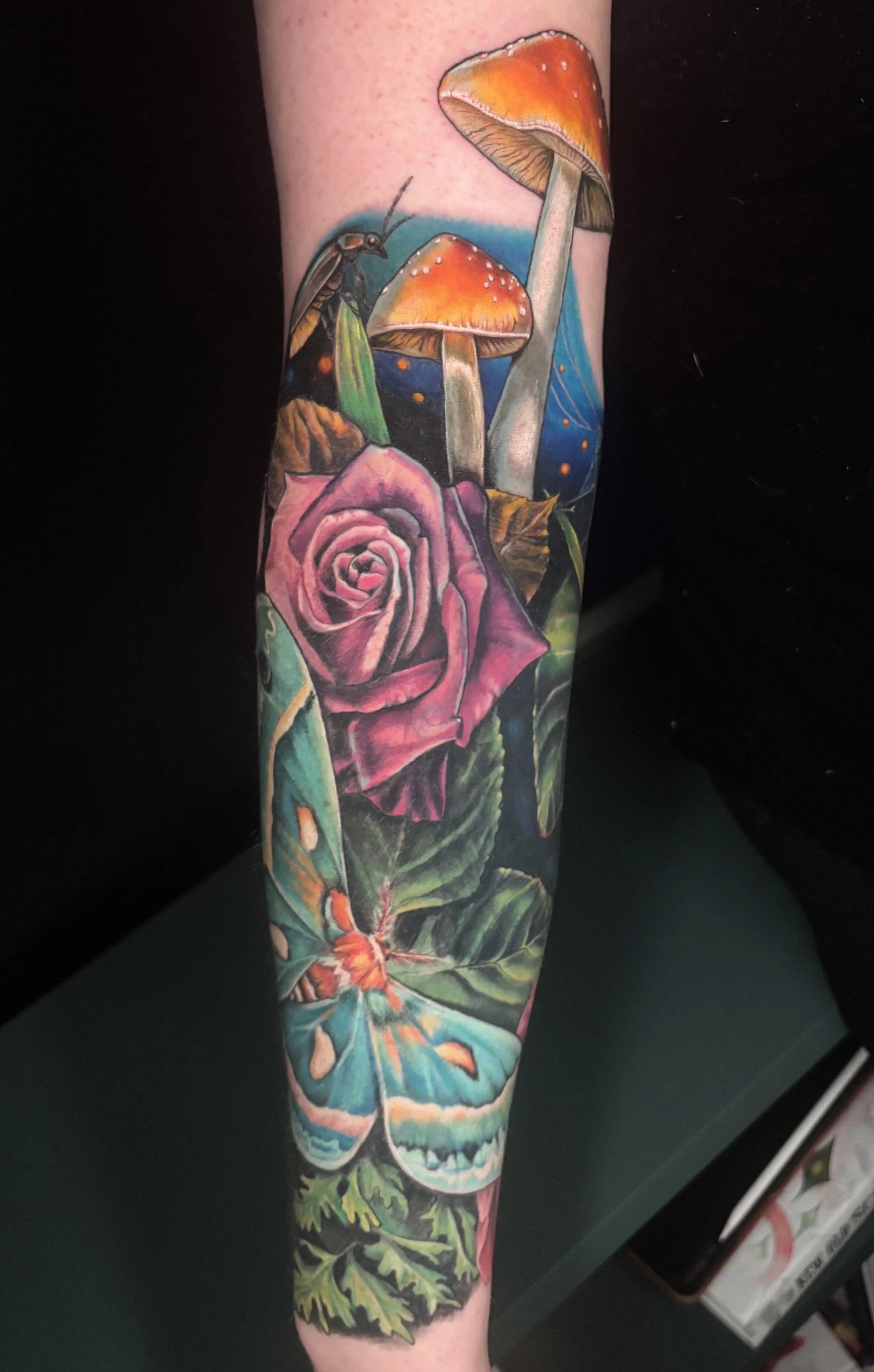 Cycle of Life & Death, Color Realism Mushroom, Insect, & Floral Tattoo