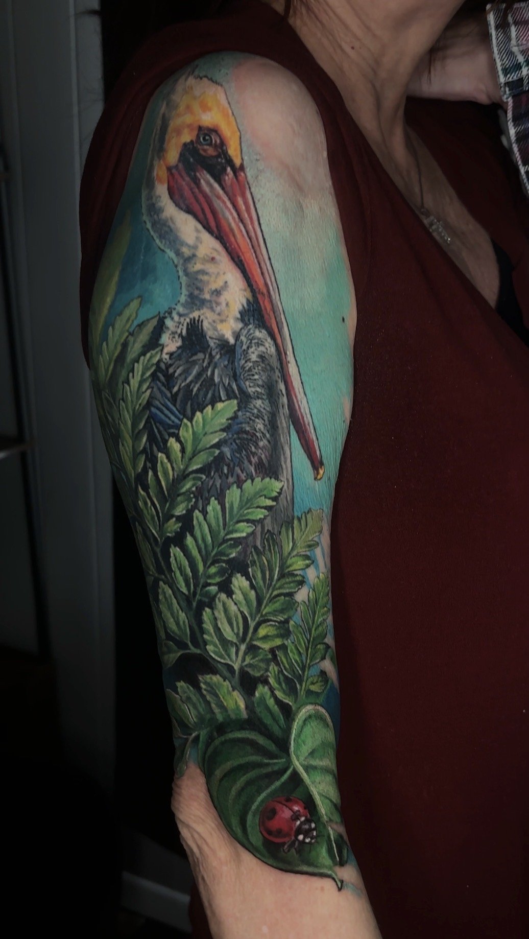 Pelican & Fern, Color Realism Memorial Tattoo