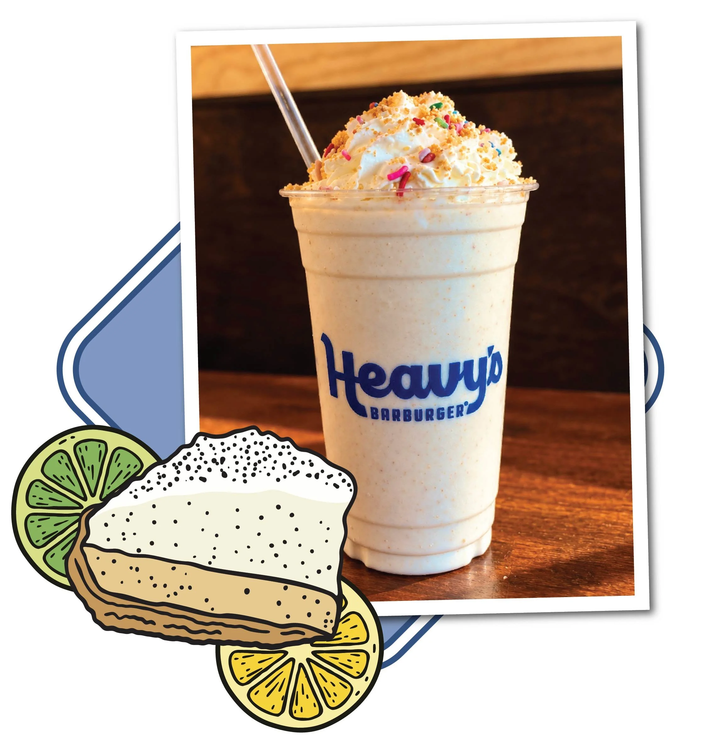 A collage composite of a photo of the Lemon Lime Pie Shake with illustrations of a slice of lemon lime icebox pie, and lemon and lime slices.
