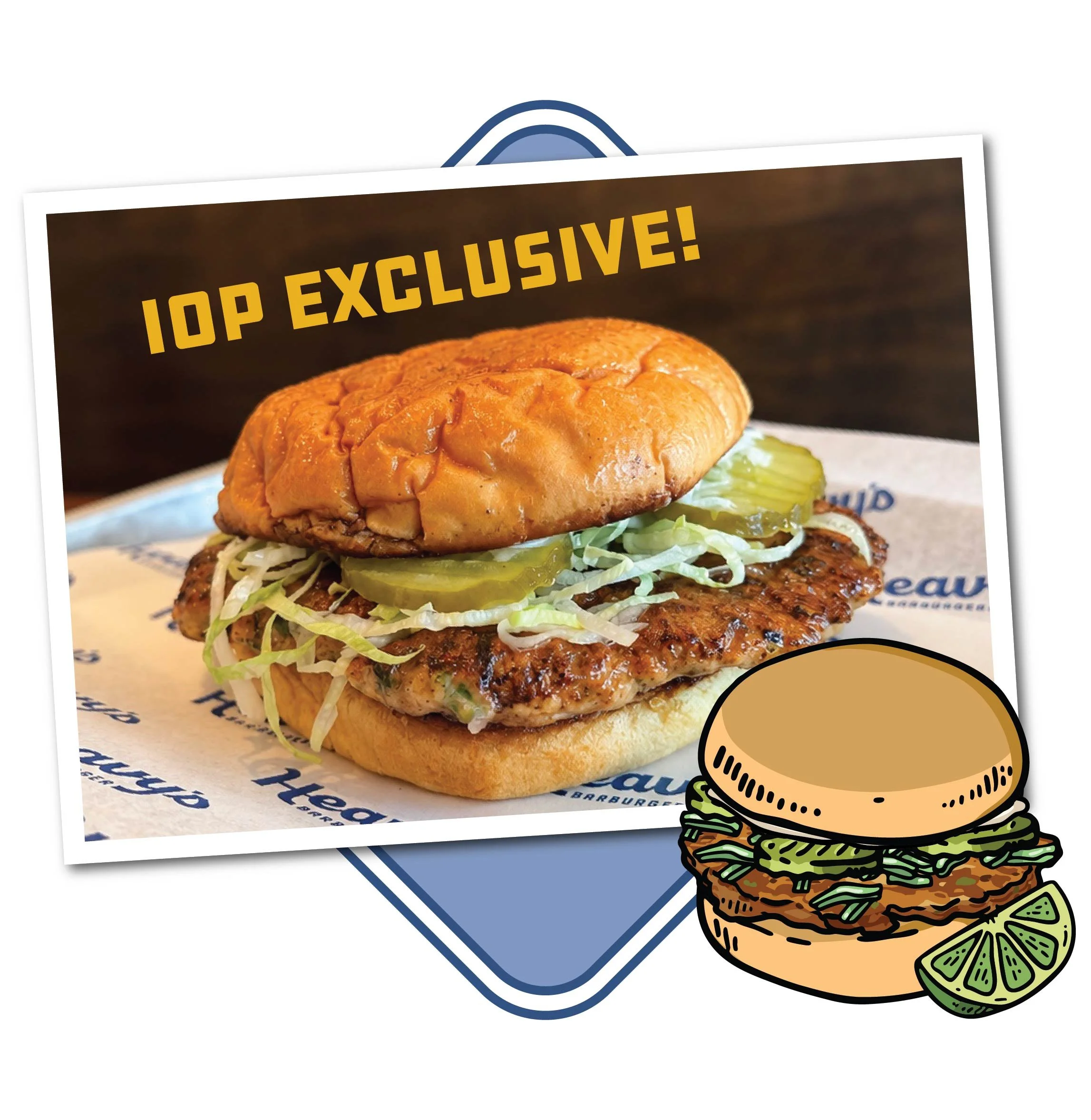 A collaged photo and illustration showing The Florida Man - a new shrimp burger offered at Isle of Palms