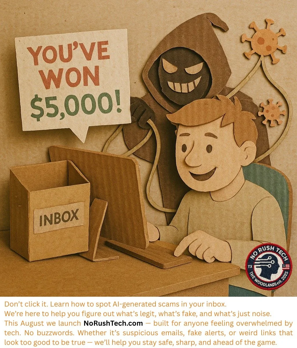 Don&rsquo;t click it. Learn how to spot AI-generated scams in your inbox.

We&rsquo;re here to help you figure out what&rsquo;s legit, what&rsquo;s fake, and what&rsquo;s just noise.

This August we launch NoRushTech.com &mdash; built for anyone feel