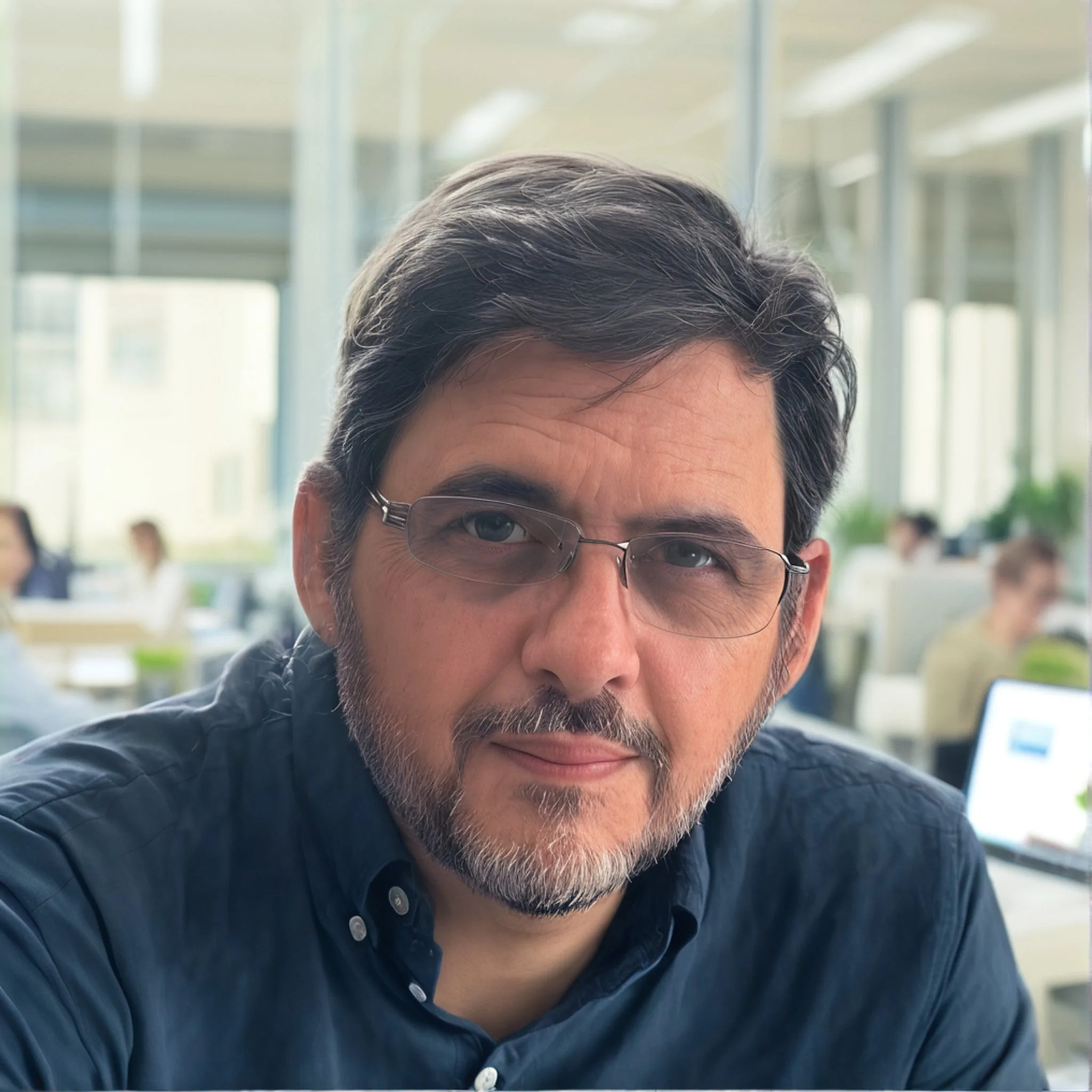 A middle-aged man with dark hair, glasses, and a beard, wearing a blue shirt, sitting in a modern office space with large windows and other people working in the background.