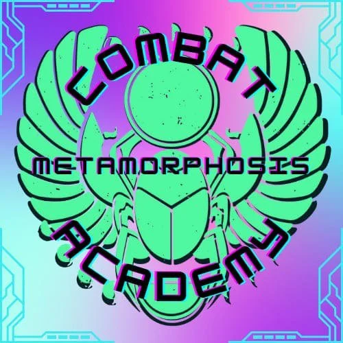 A green, stylized insect with the words 'Metamorphosis Combat Academy' surrounding it on a colorful digital background.