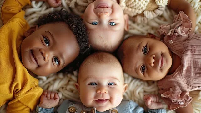 Four babies lying in a circle with their heads together, smiling and looking up at the camera.