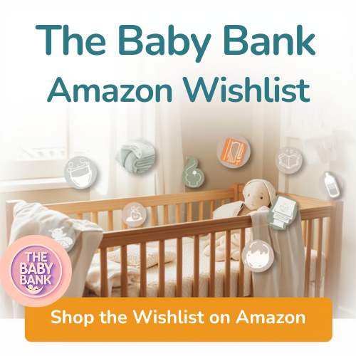 A wooden baby crib with a stuffed animal in a sunlit room. Superimposed icons of baby products and a pink and purple logo reading 'The Baby Bank'. An orange button says 'Shop the Wishlist on Amazon'.