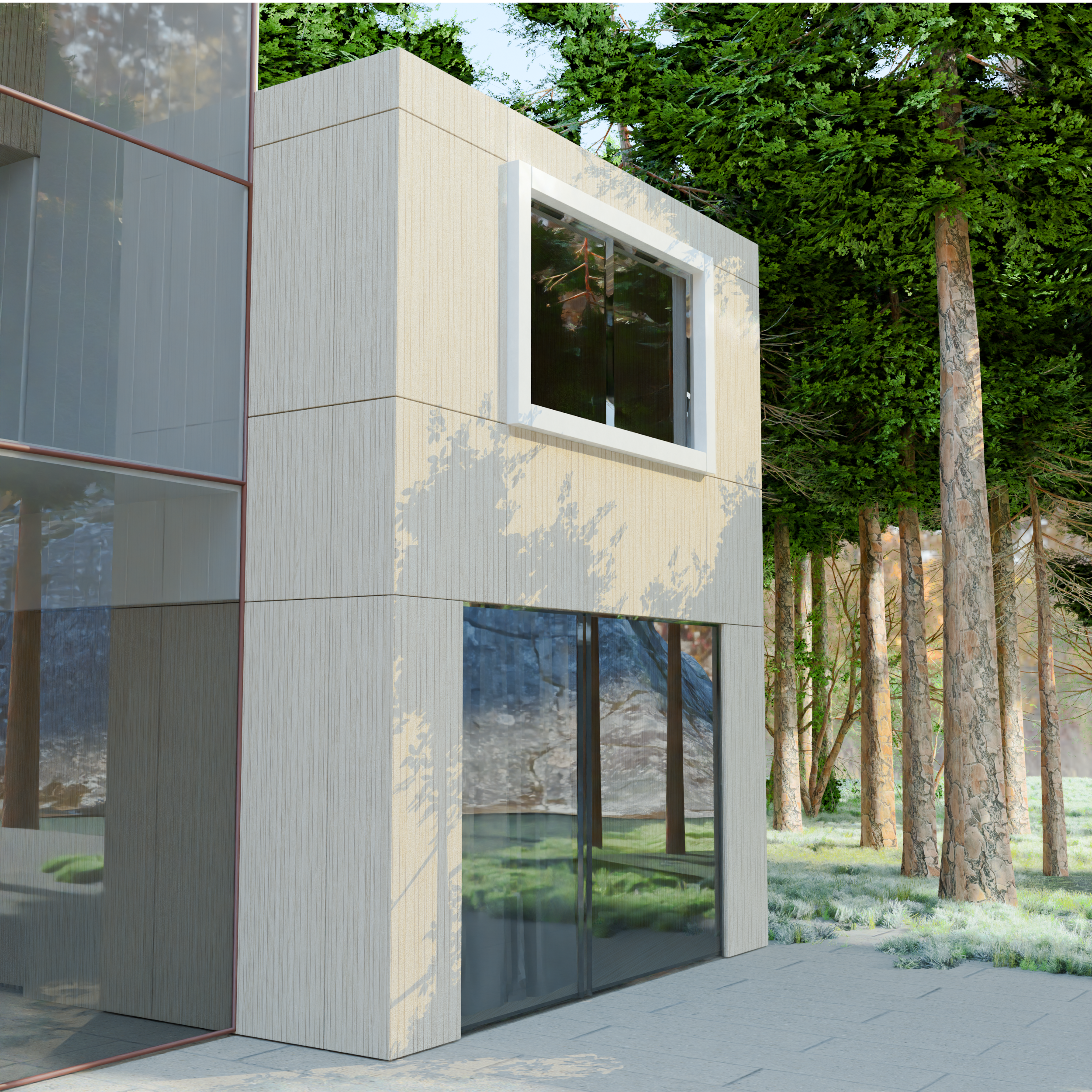 Render arquitectónico de edificio para visualización de diferentes materiales