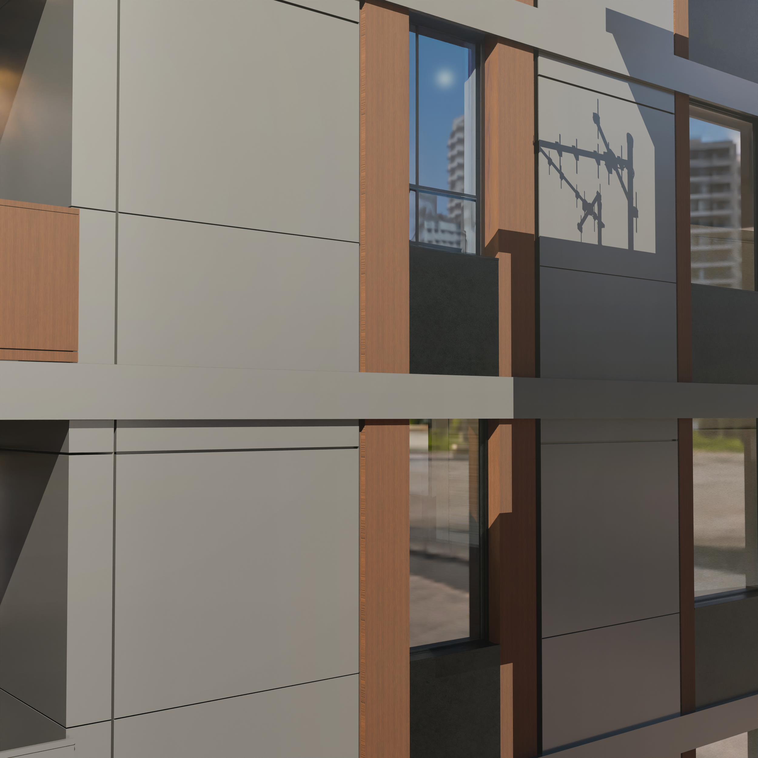 Render arquitectónico de edificio para visualización de diferentes materiales