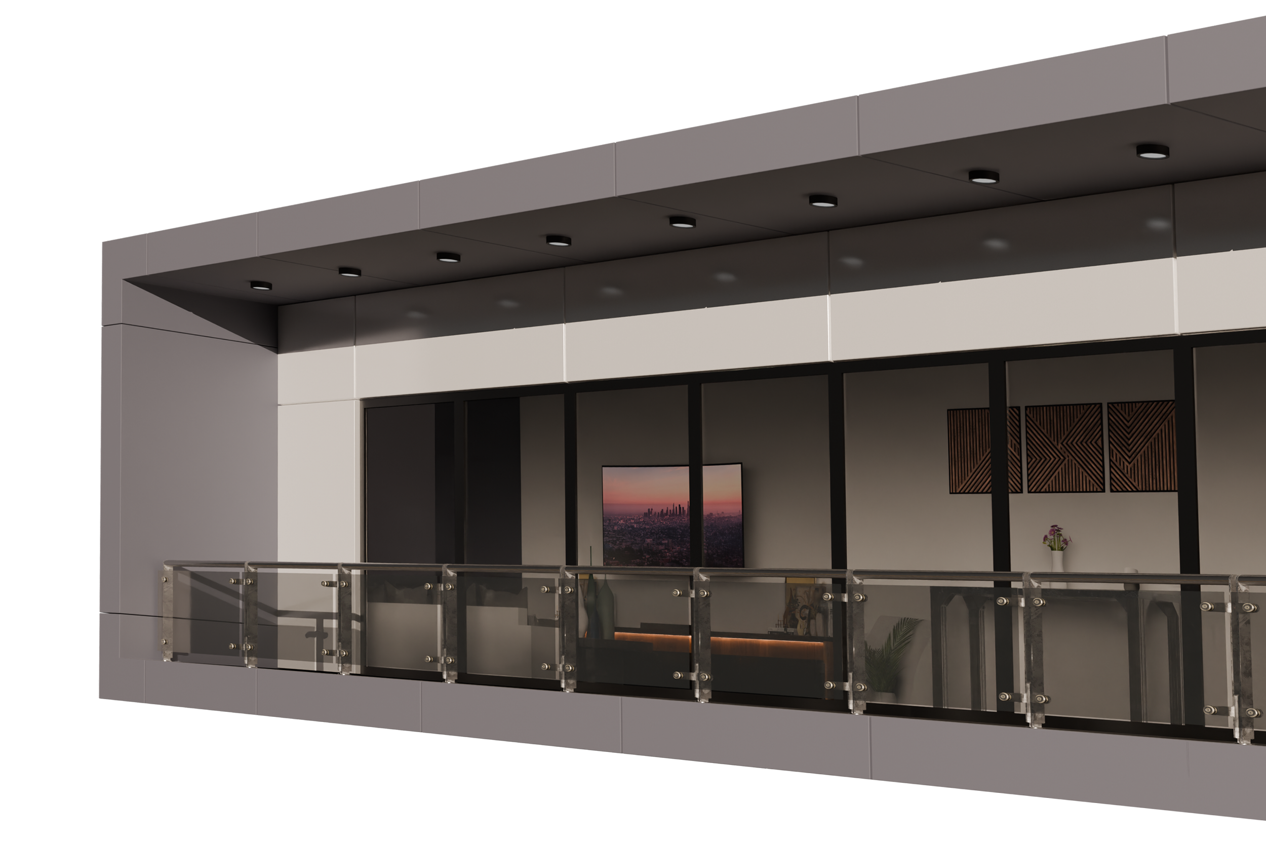 Vista del exterior de un edificio moderno con balcón de vidrio y una pantalla que muestra una ciudad al atardecer.