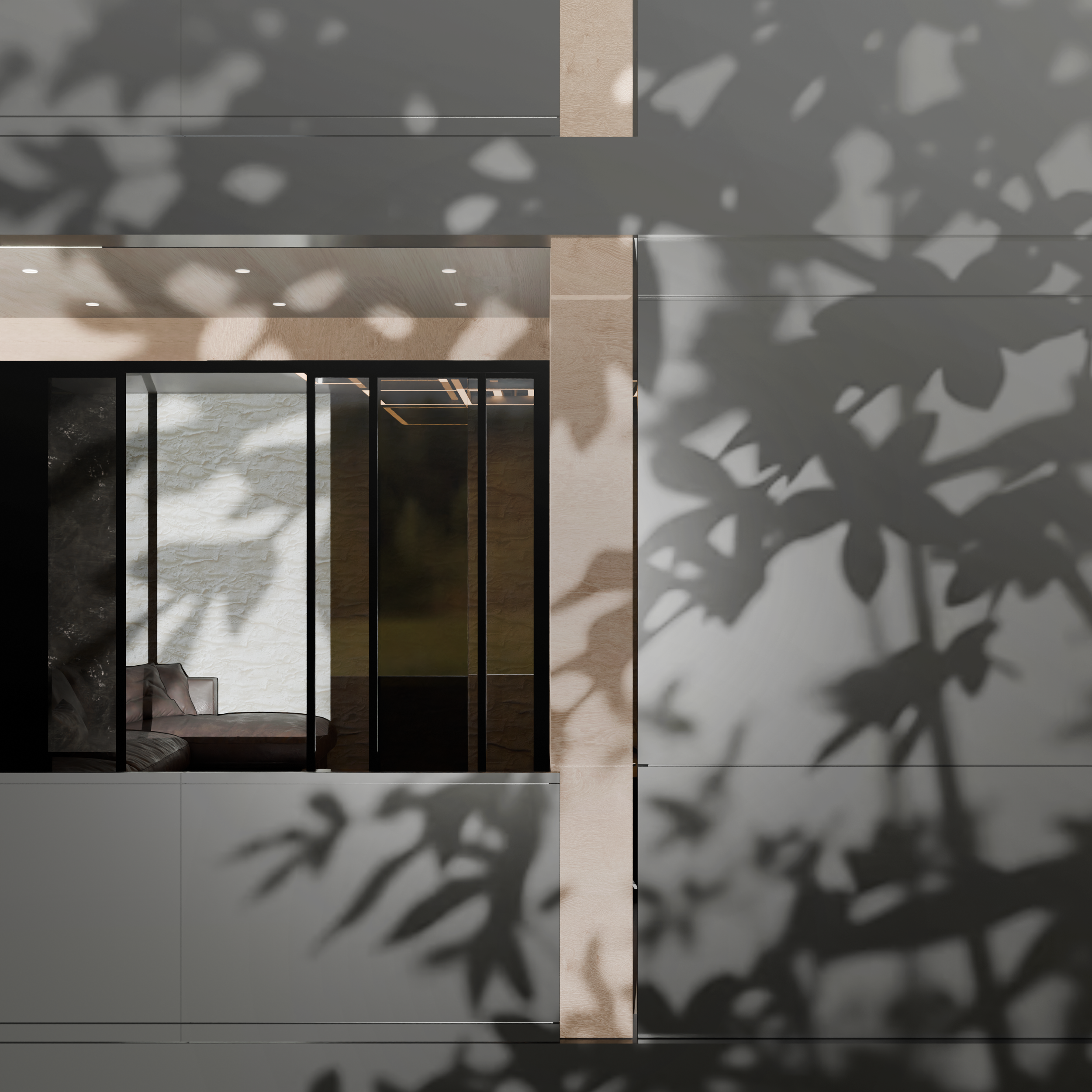 Render arquitectónico de edificio para visualización de diferentes materiales