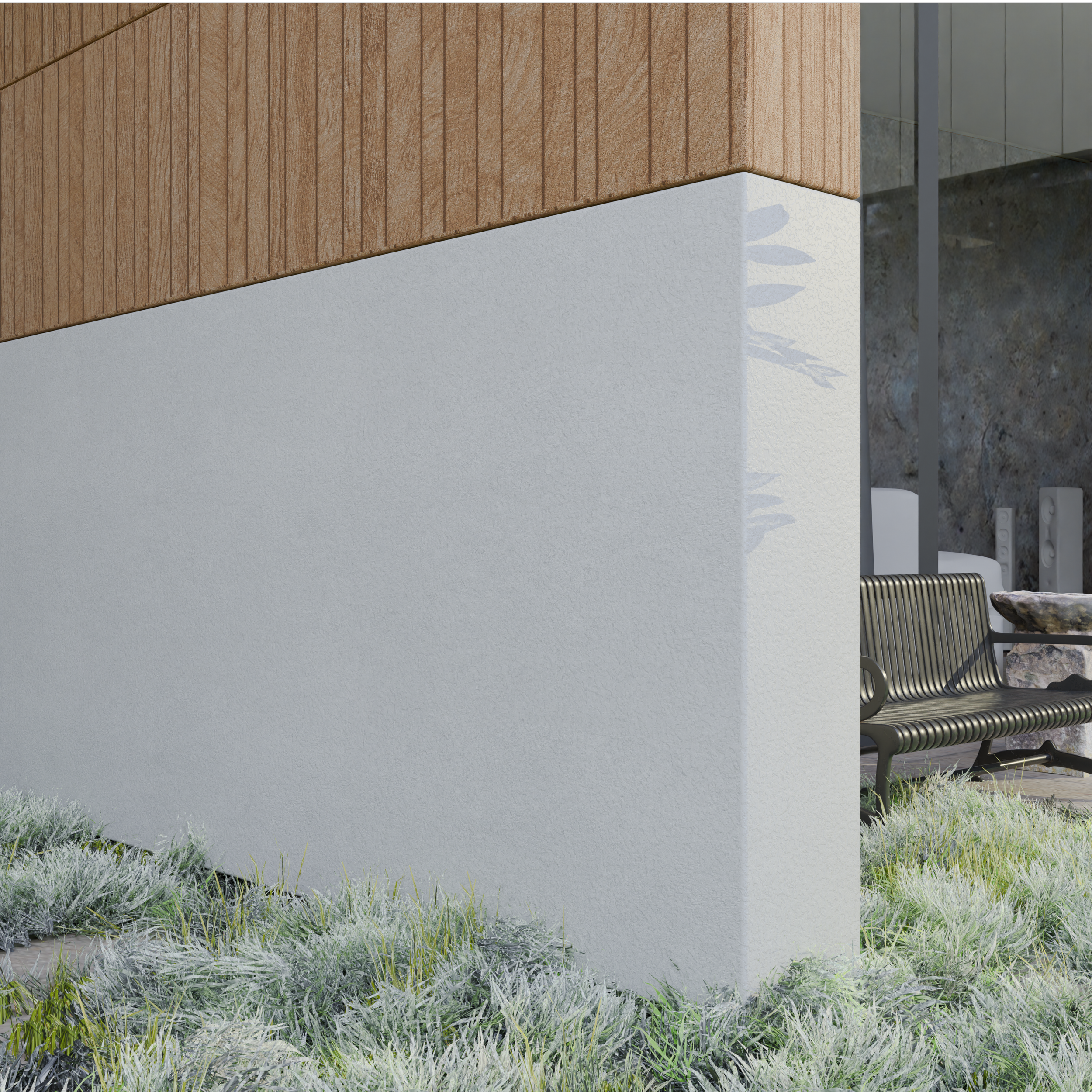 Render arquitectónico de fachada para visualización de diferentes materiales