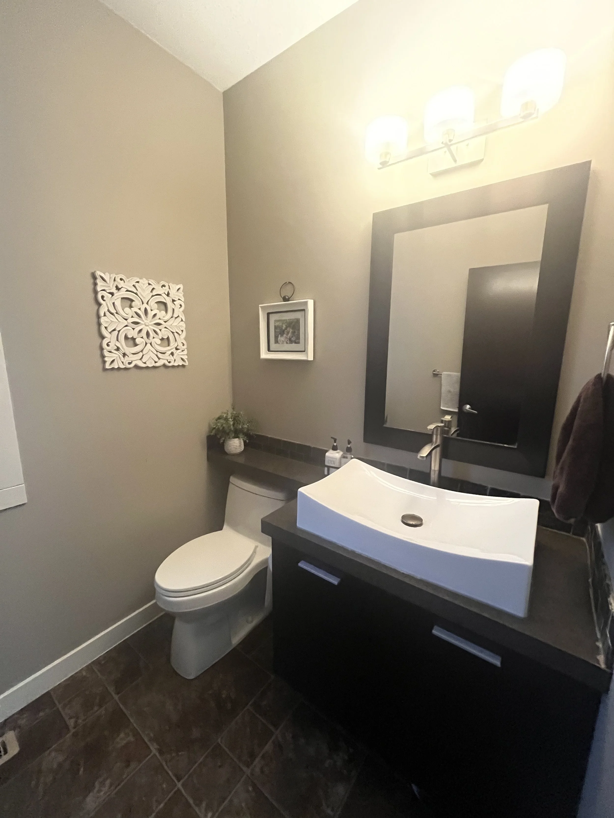Bathroom with a toilet, a black vanity with a white rectangular sink, a large mirror, a wall-mounted light fixture with three lights, a small framed picture, a decorative wall hanging, a potted plant, and a brown towel hanging on a towel rack.