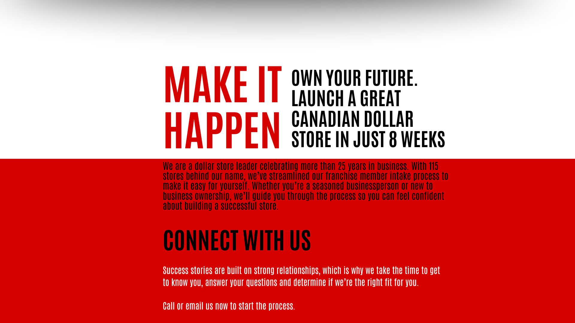 A promotional flyer for opening a Canadian dollar store, with large bold text saying "MAKE IT HAPPEN" and details about the business launch, including a red and black color scheme and a paragraph about their experience and process.