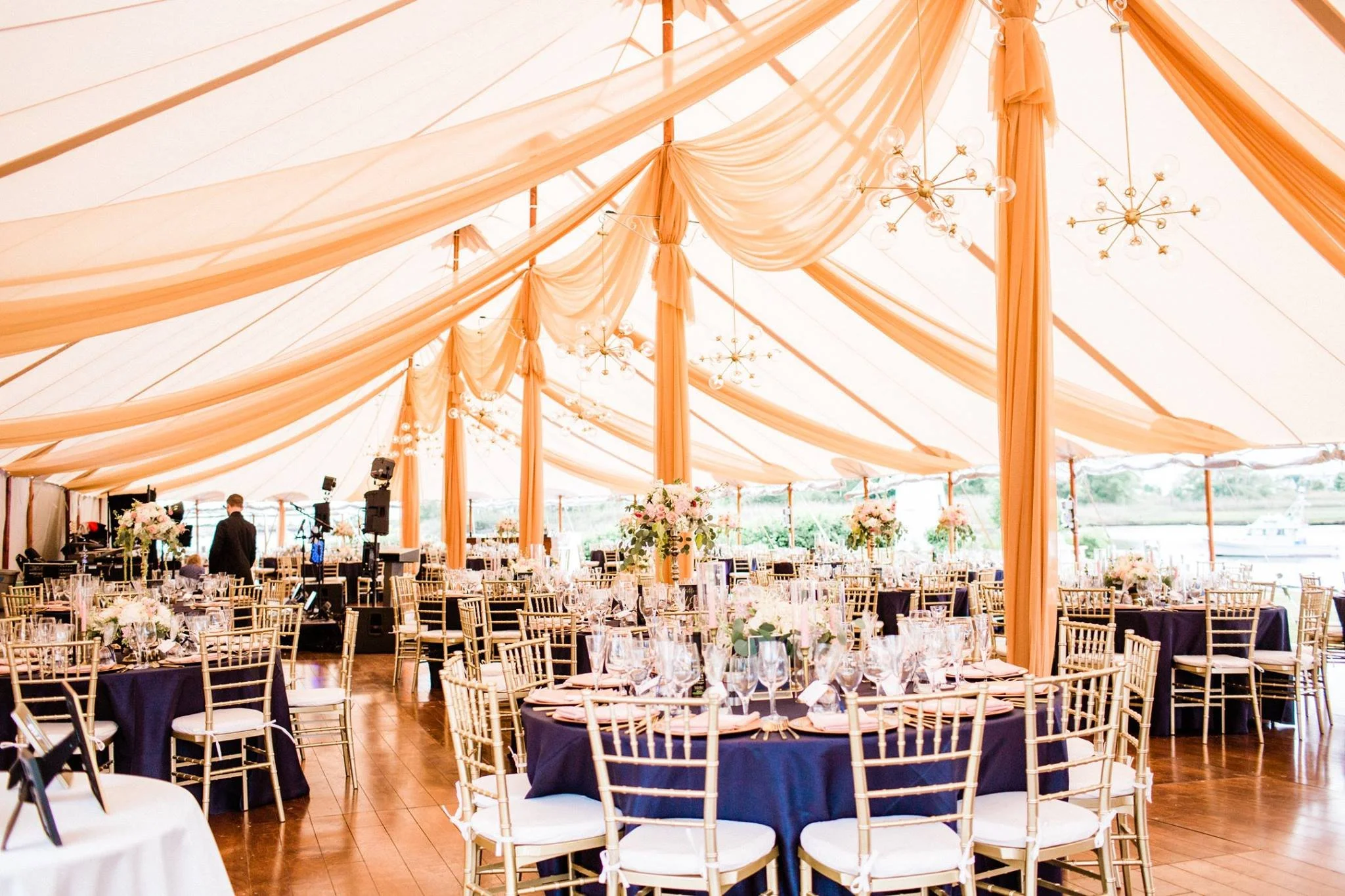 gold tent draping at Nonantum, Sputnik chandeliers.jpg