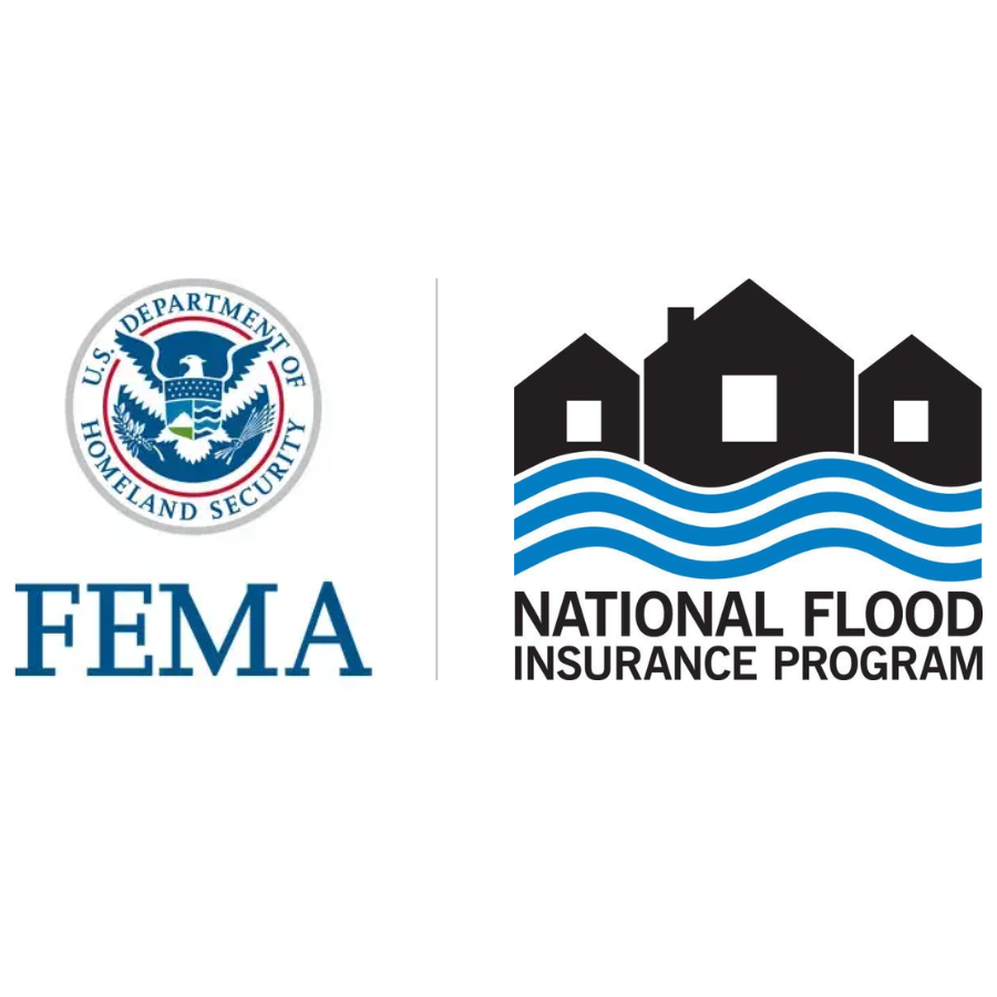 FEMA and National Flood Insurance Program logos – Link to file a claim with NFIP