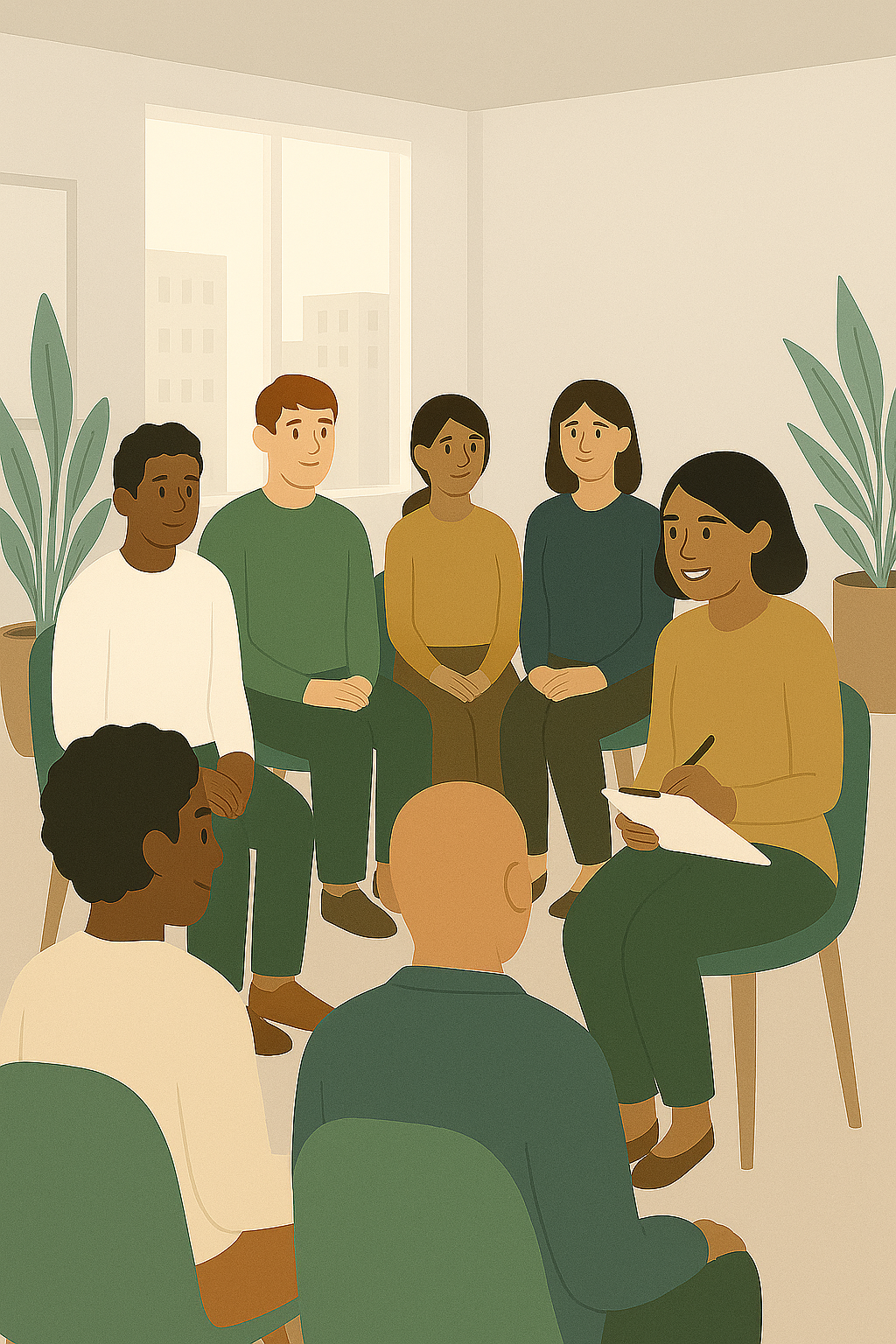 A diverse group of seven people sitting in a circle, engaging in a discussion or therapy session in a well-lit room with large windows and potted plants.