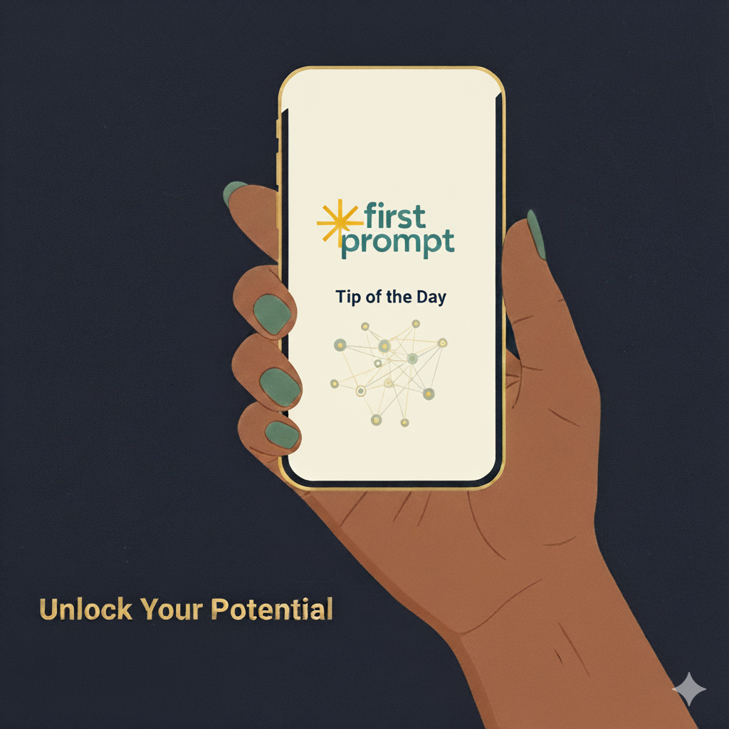A hand holding a smartphone displaying a logo that reads 'first prompt' with a subtitle 'Tip of the Day', and the text 'Unlock Your Potential' below the hand.