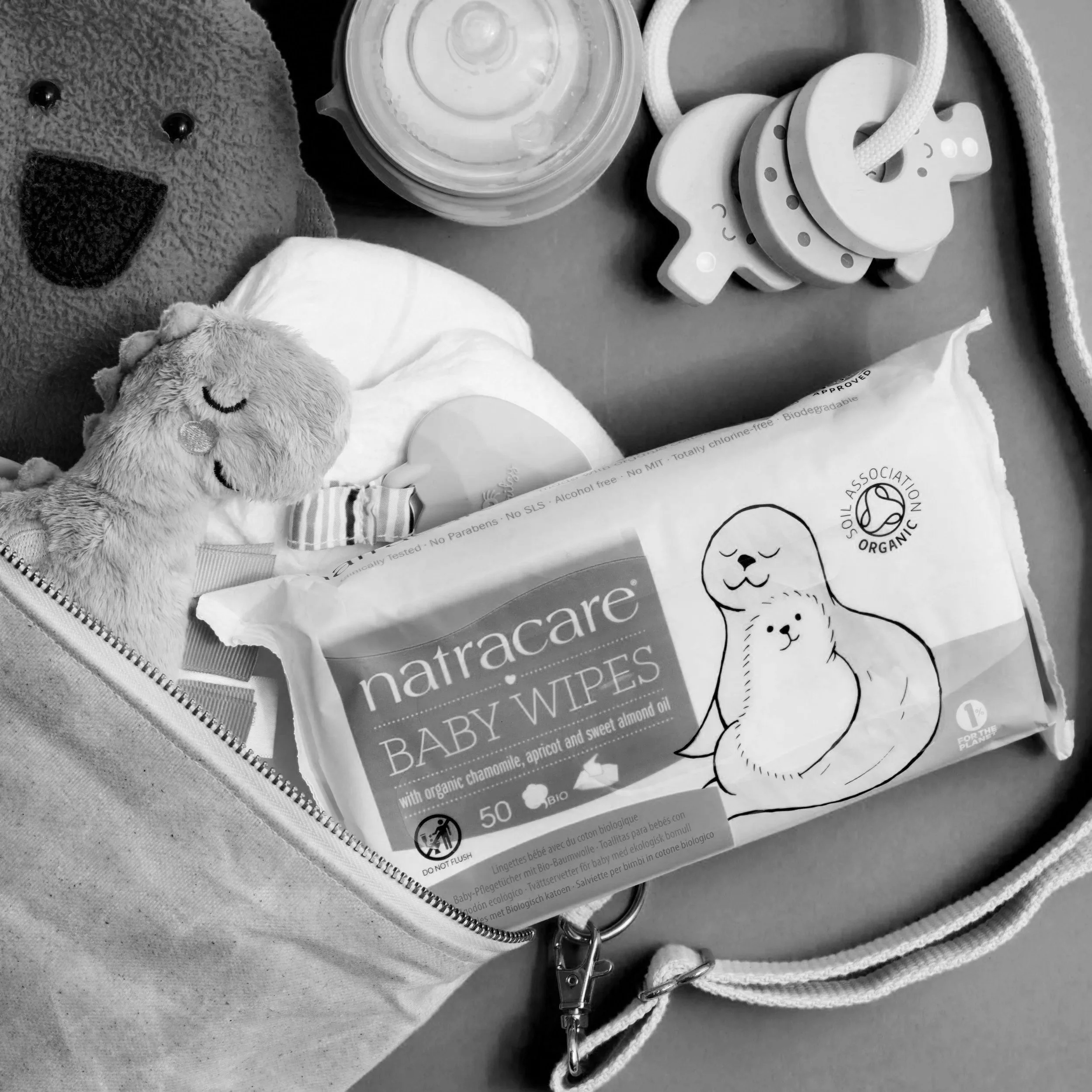 A plush teddy bear and a smaller plush teddy bear, baby wipes package, baby pacifiers on a surface in a diaper bag.