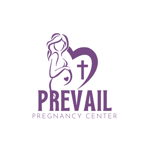 A woman holding her pregnant belly containing a heart alongside a larger heart with a cross inside over the words "Prevail Pregnancy Center."