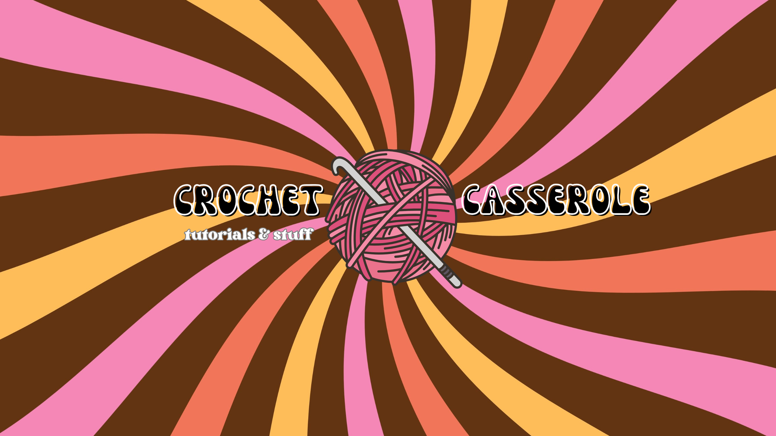 Colorful background with swirling pink, orange, yellow, and brown stripes, featuring a pink ball of yarn with a crochet hook, and text reading 'Crochet Casserole' and 'tutorials & stuff'.