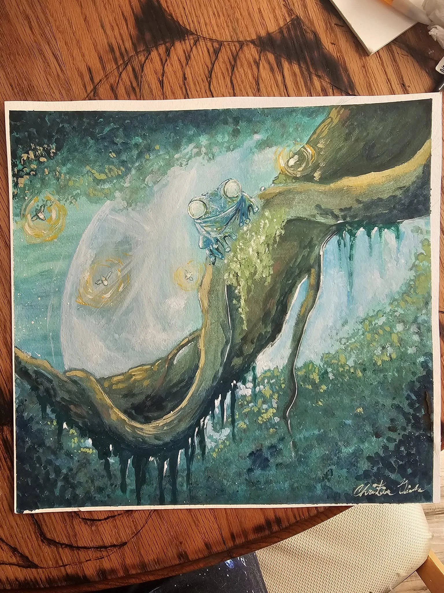 ''Moonlit Paradise''  Frog Gouache Painting on paper
