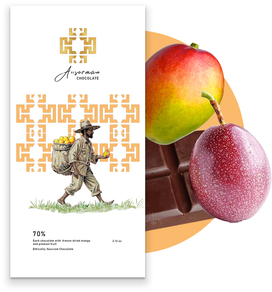 Package of dark chocolate with freeze-dried mango and passion fruit, featuring a woman illustration and geometric design, alongside two fresh mangoes and a piece of chocolate.