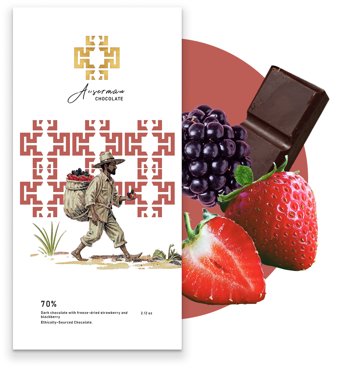 A package of dark chocolate with freeze-dried strawberry and blackberry, featuring a farm worker illustration on the label and fresh strawberries, blackberries, and a chocolate bar in the background.