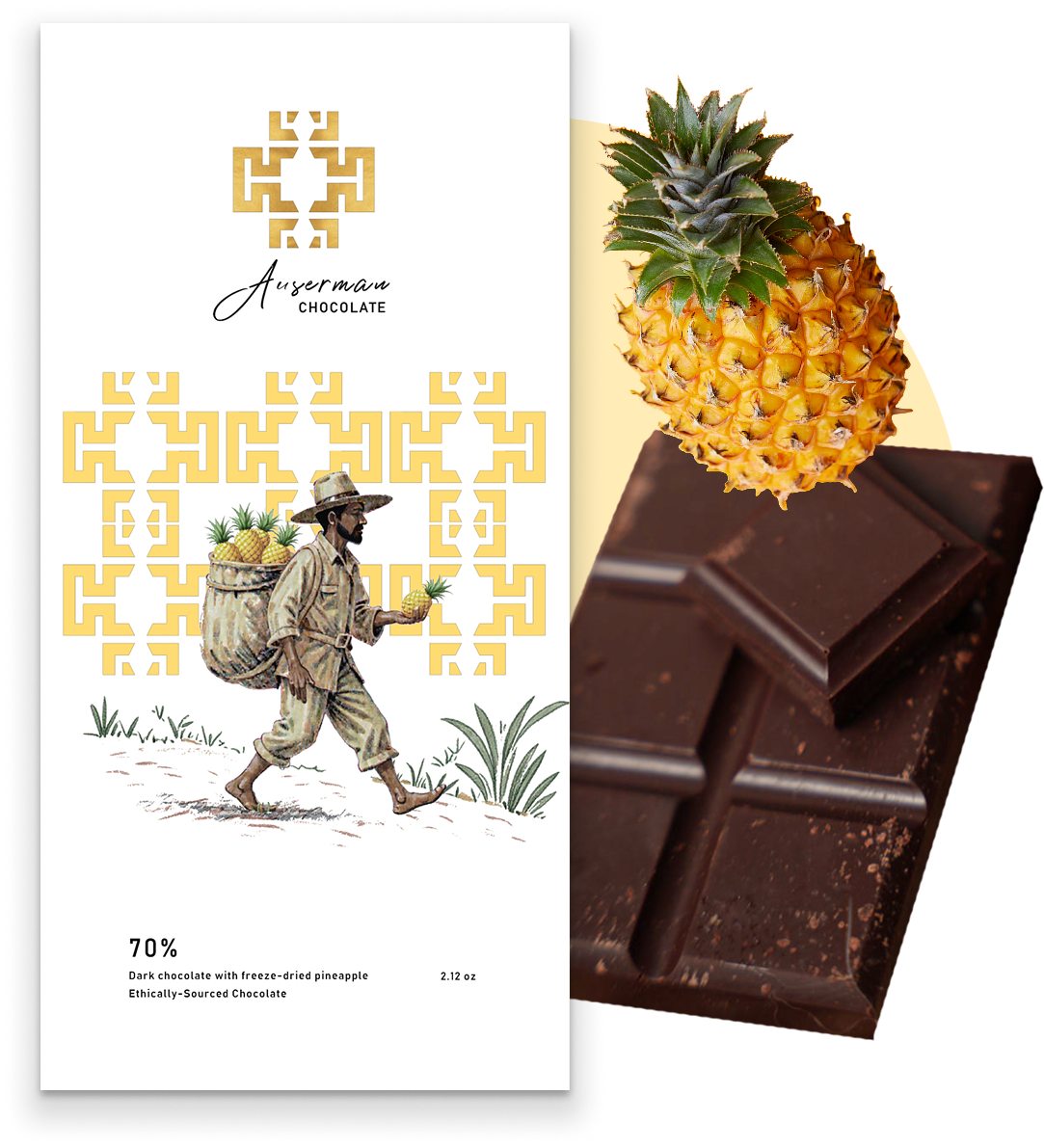 A chocolate bar with pineapple, pineapple, and a patterned packaging label with a man carrying a basket of pineapples.