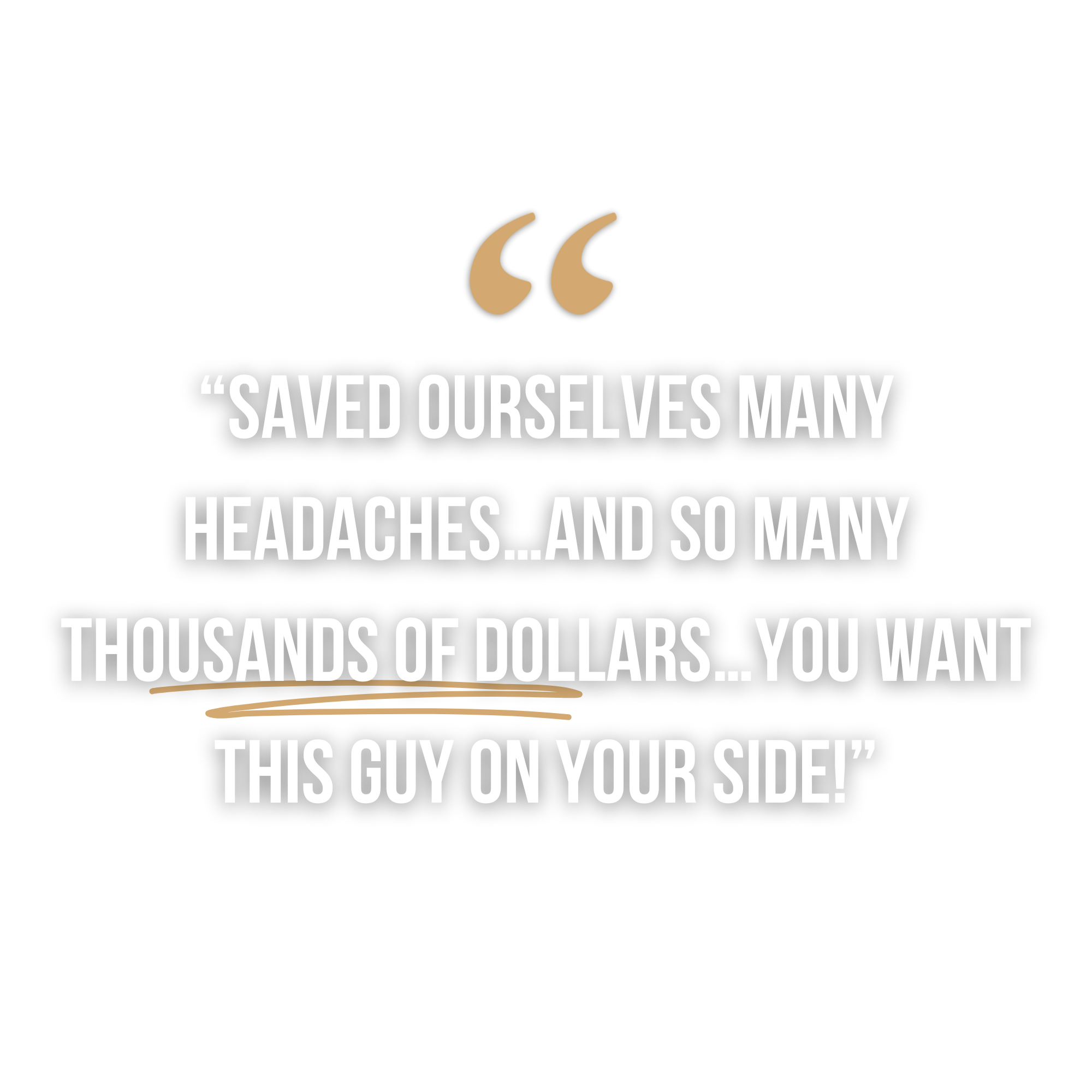 A quote in white text on a black background reads, 'Saved ourselves many headaches...and so many thousands of dollars...you want this guy on your side!'