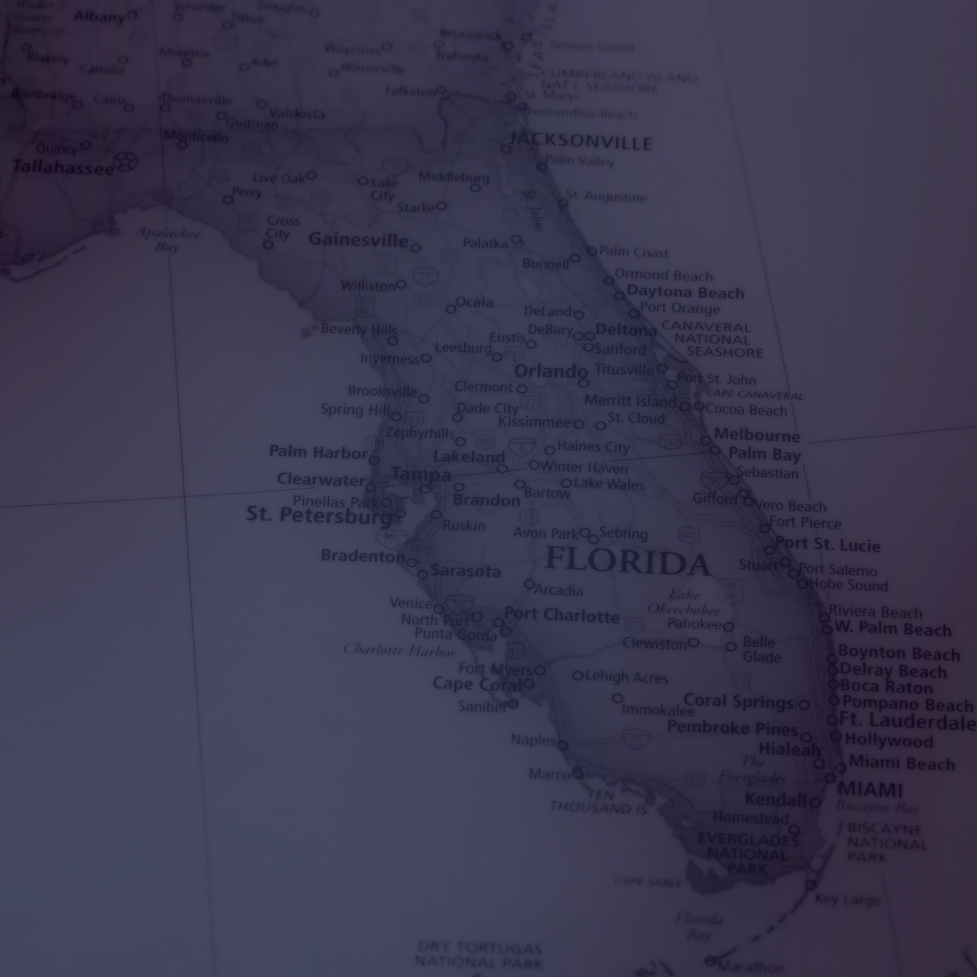 Map of Florida showing major cities and locations, including Miami, Orlando, Tampa, Jacksonville, and Key West, labeled with place names and geographical features.