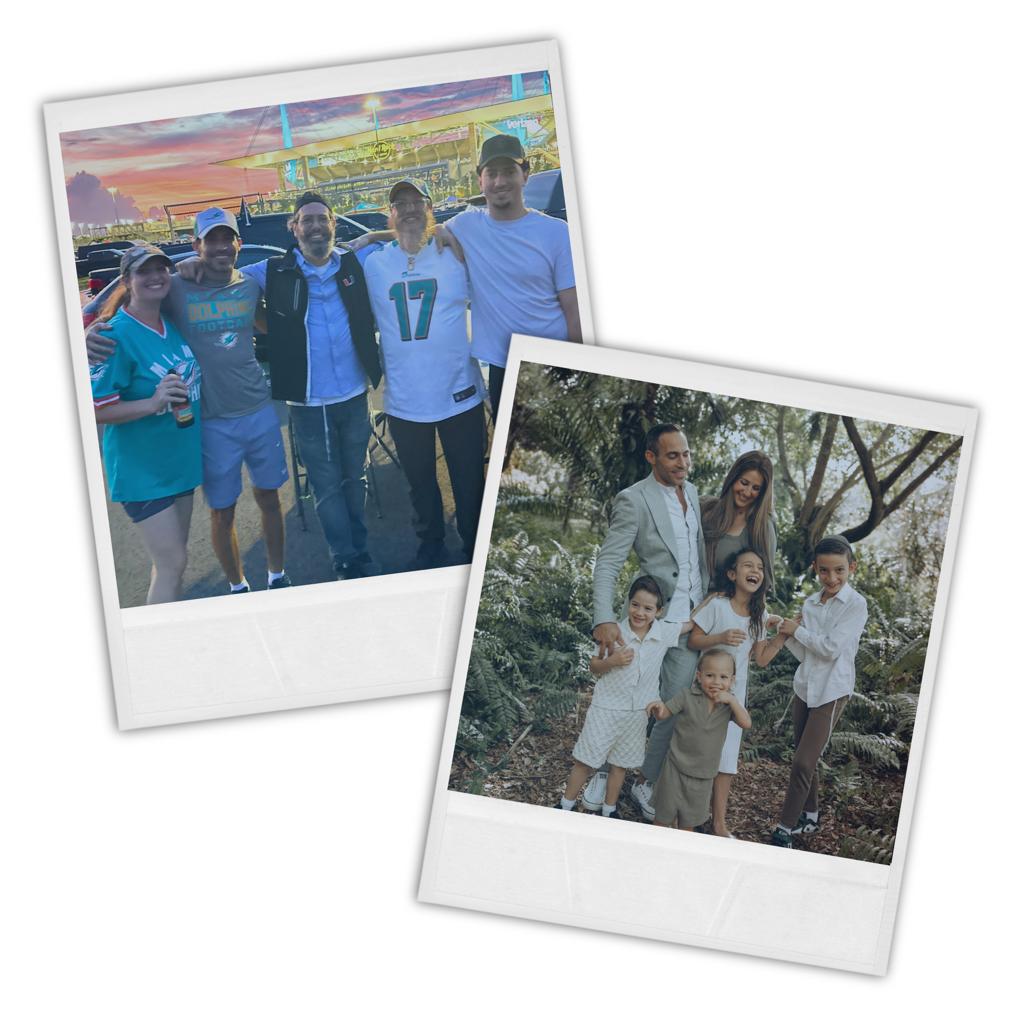 Two overlapping Polaroid-style photos, one showing a group of six friends at an amusement park during sunset, and the other featuring a family of six in a lush outdoor setting with trees and greenery.
