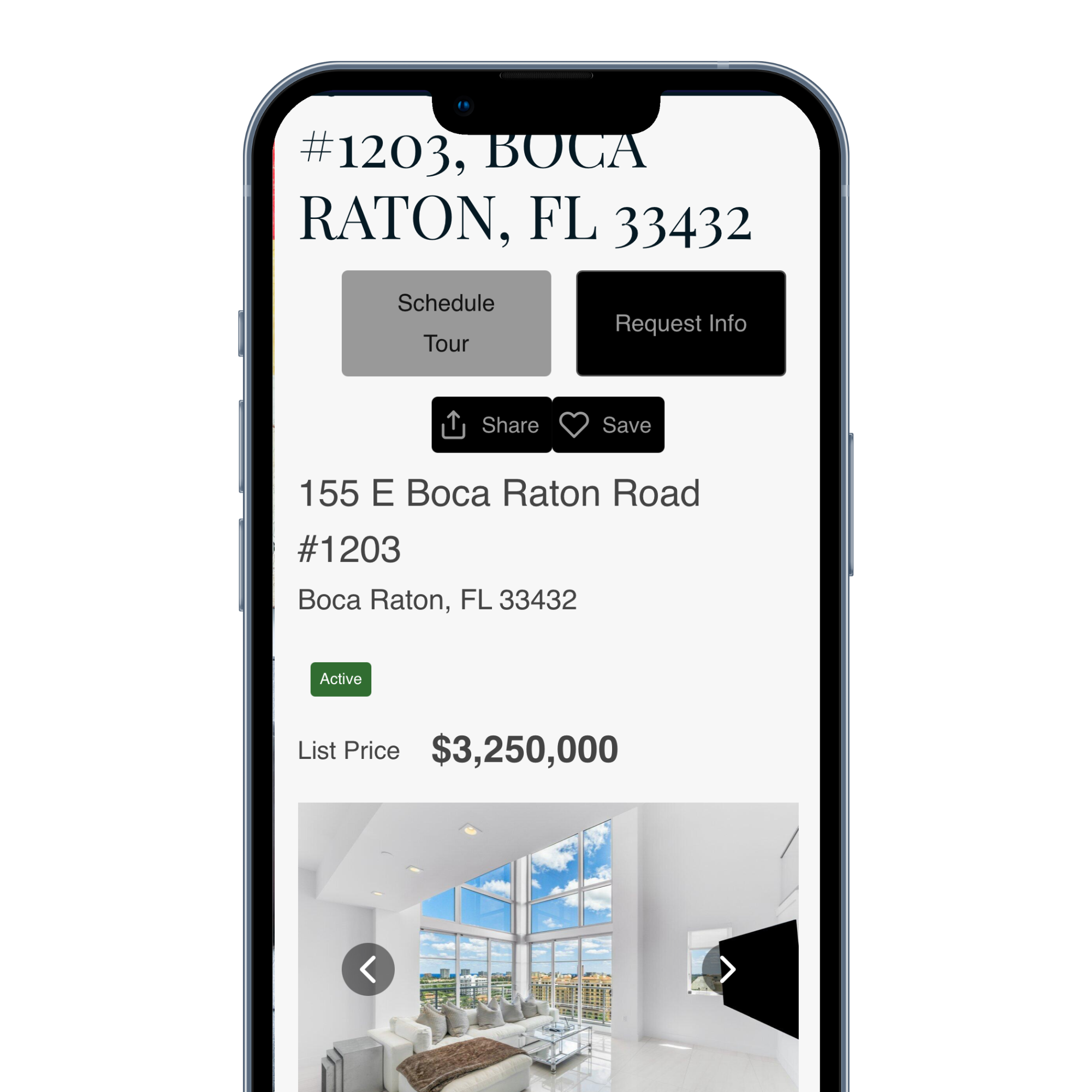 Real estate listing for a property at 155 E Boca Raton Road, Boca Raton, FL 33432, showing contact options, price of $3,250,000, and interior photo of a modern living room with large windows.