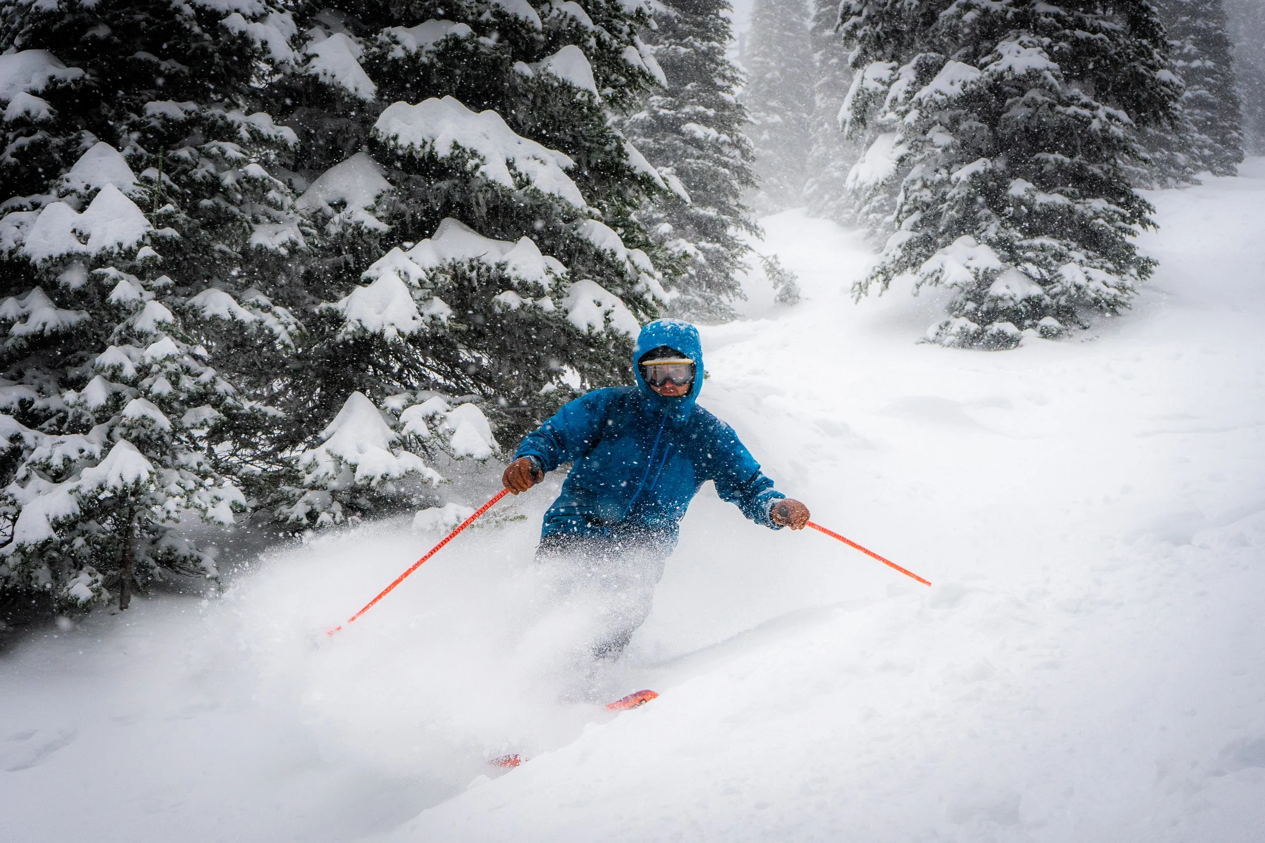 A person skiing down a snow-covered slope surrounded by snow-laden evergreen trees during a snowstorm.